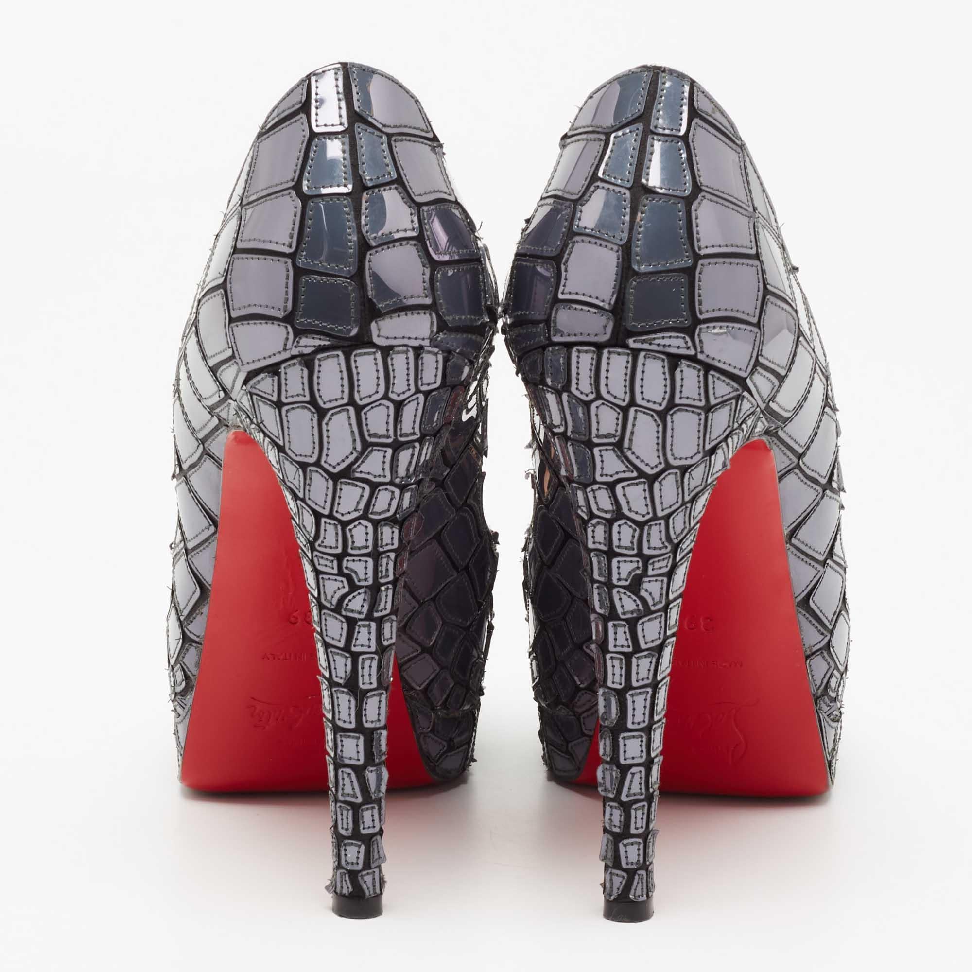 Women's Christian Louboutin Slate Grey/Black Patent Leather and Satin Mosaic Sobek Peep- For Sale