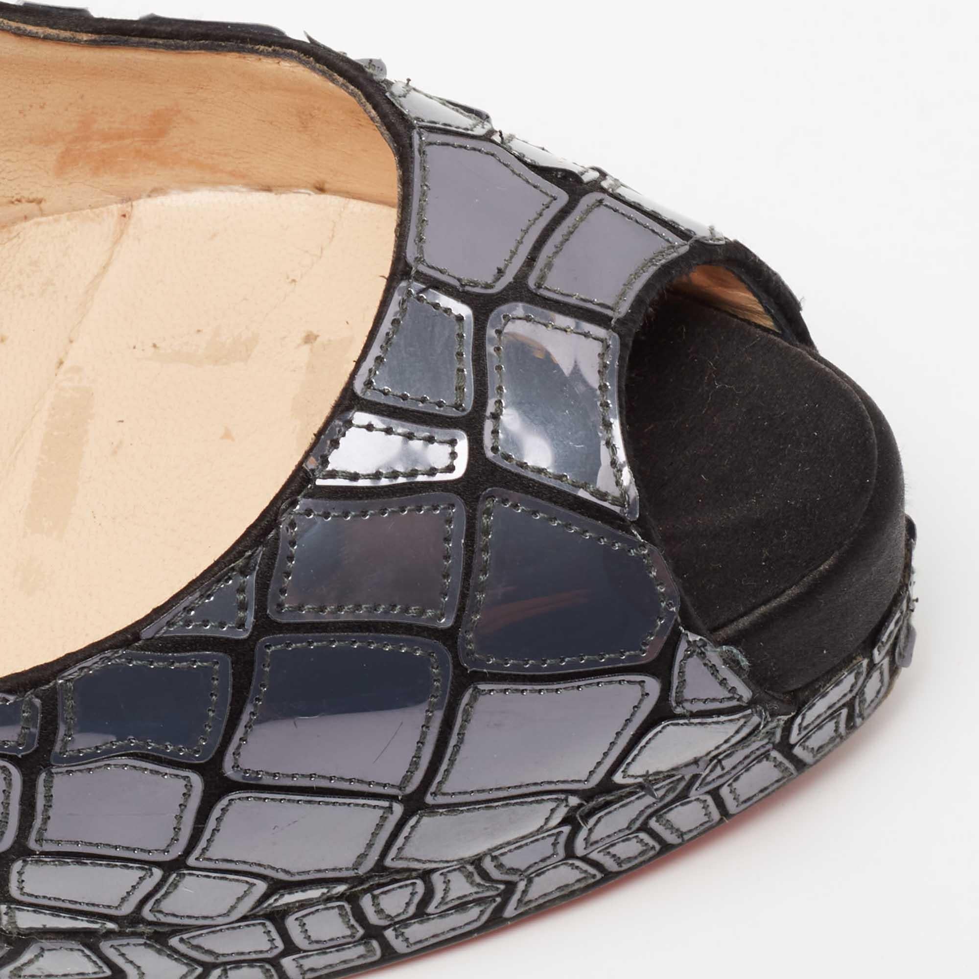 Christian Louboutin Slate Grey/Black Patent Leather and Satin Mosaic Sobek Peep- For Sale 2