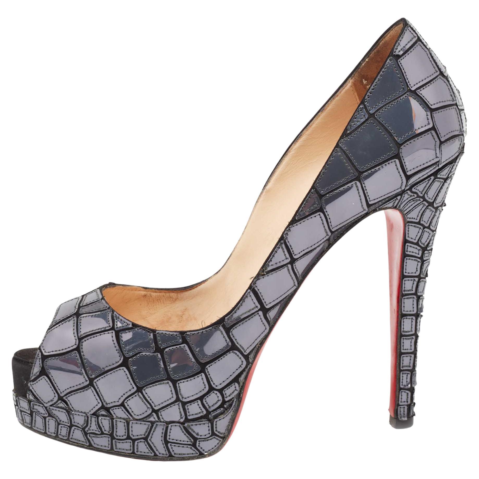 Christian Louboutin Slate Grey/Black Patent Leather and Satin Mosaic Sobek Peep- For Sale