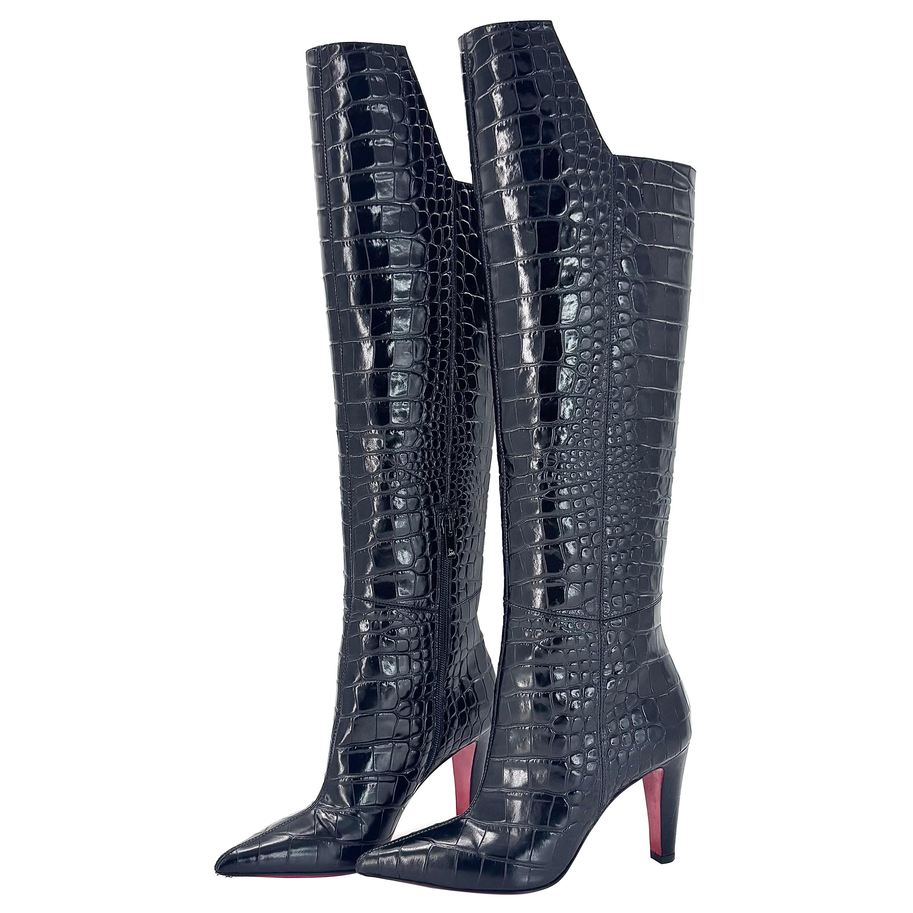 Christian Louboutin Slimini Botta Croc Emboss Knee High Pointed Toe Boots 36