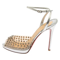 Christian Louboutin Sliver PVC And Leather Spike Ankle Strap Sandals Size 37.5