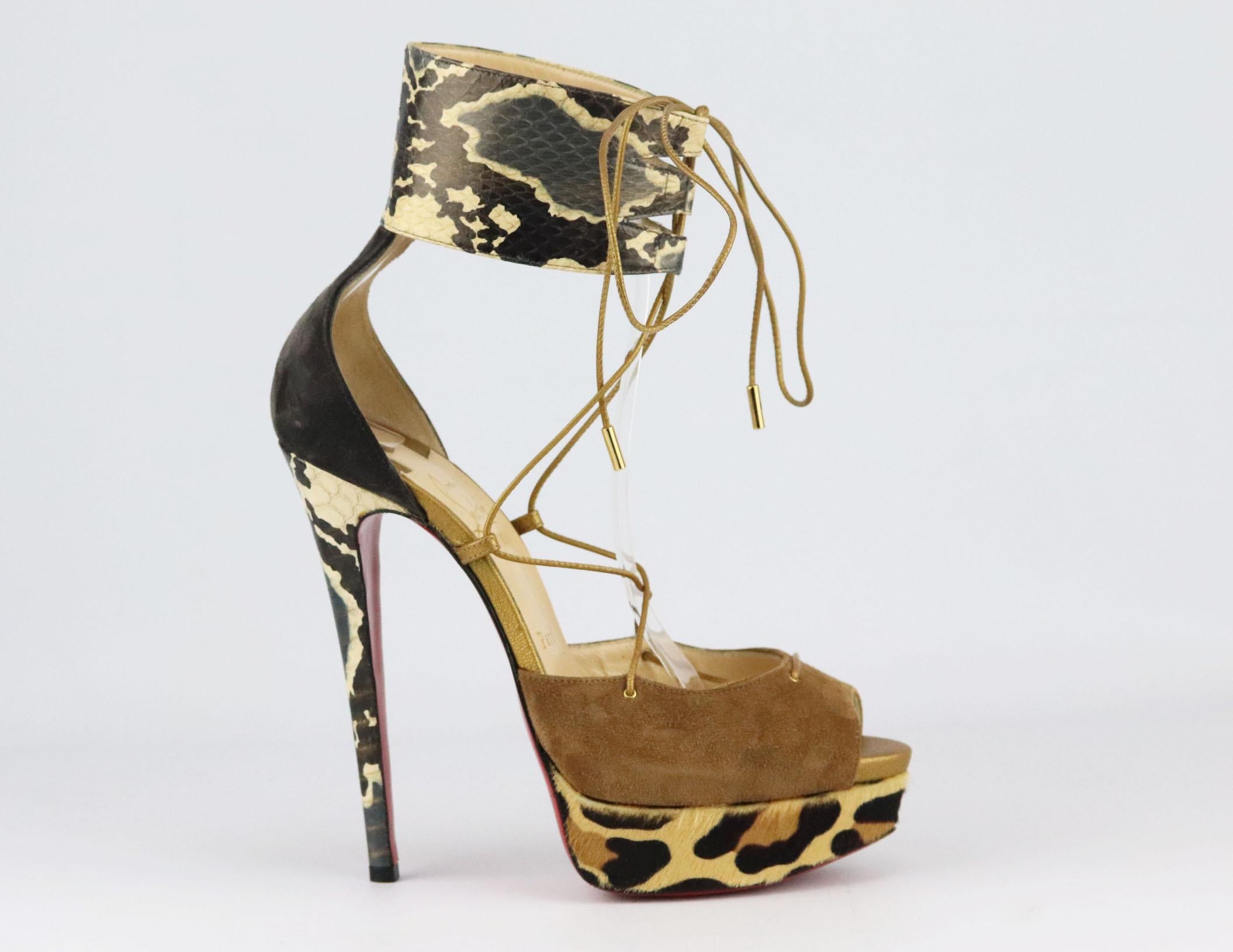 Christian Louboutin often looks to statement silhouettes for inspiration, and these sandals have a distinct feel to them, made from snake-effect leather, suede and leopard-print calf-hair, they have a stiletto heel and platform that makes them