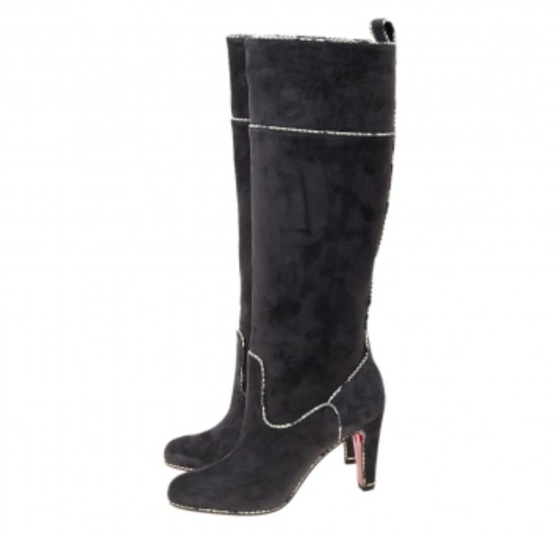 Christian Louboutin Snakeskin Trim Louloubotta Knee Length Boots Size 36.5 In Good Condition In Dubai, Al Qouz 2