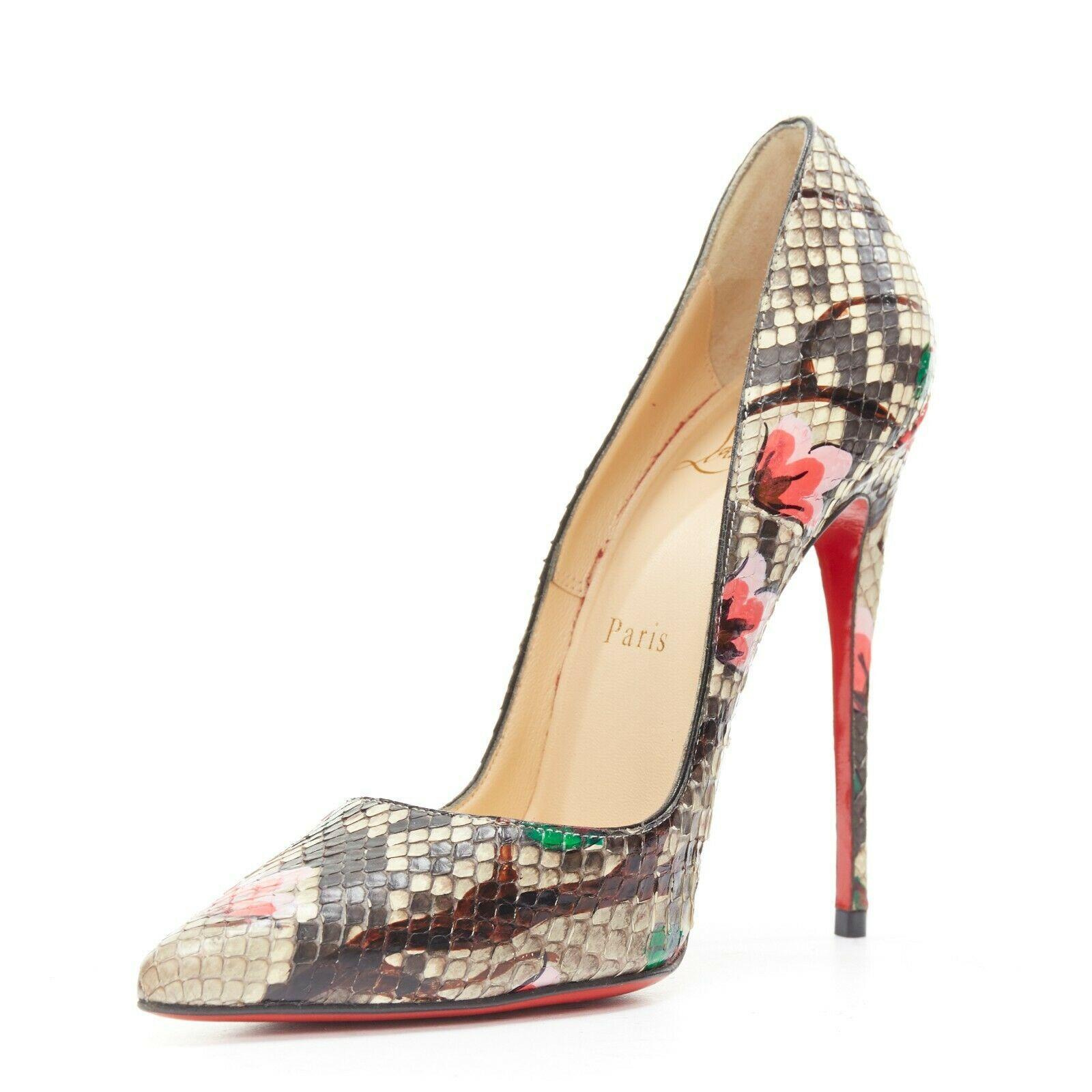 Brown CHRISTIAN LOUBOUTIN So Kate 120 grey python snake floral painted scarpin EU37