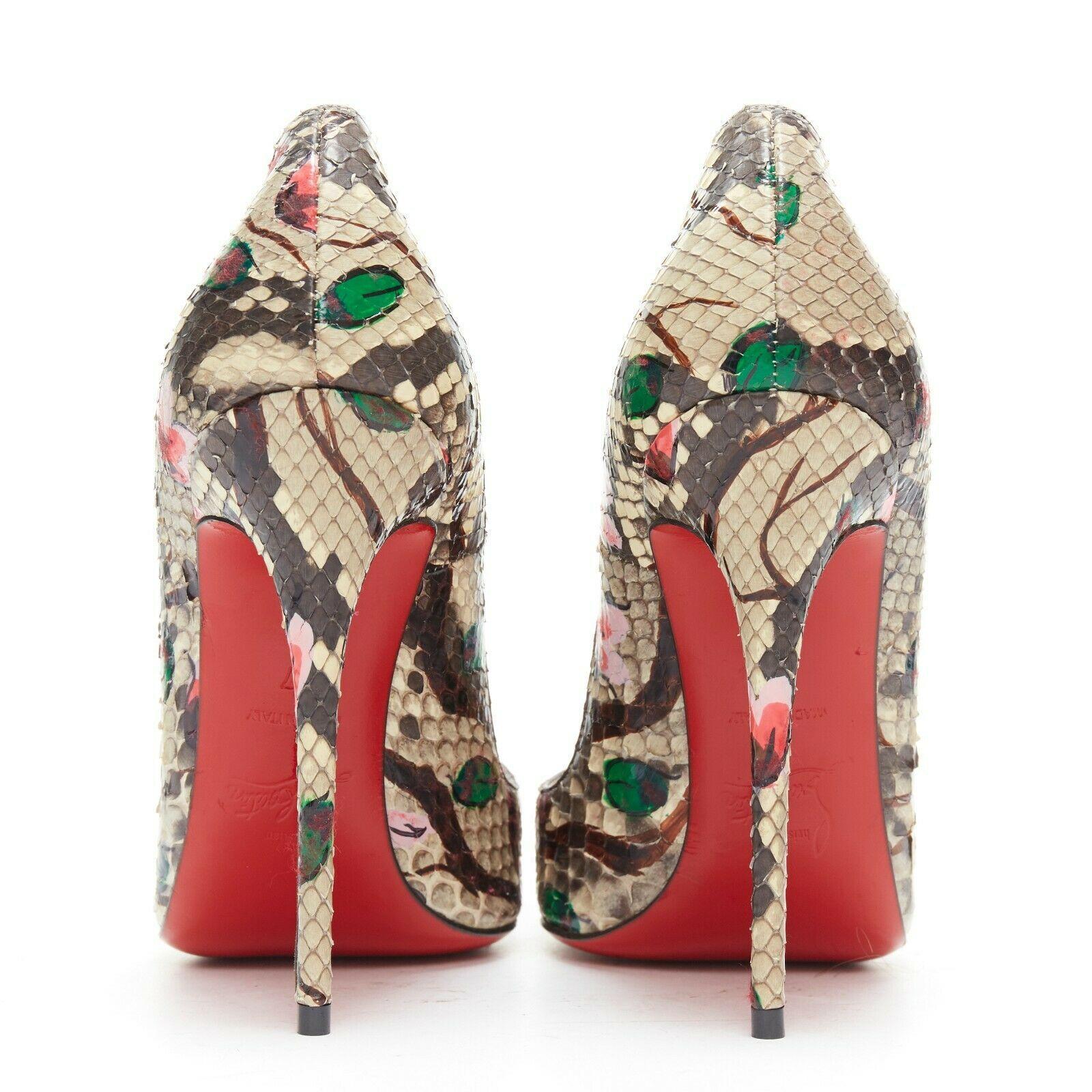 CHRISTIAN LOUBOUTIN So Kate 120 grey python snake floral painted scarpin EU37 In Excellent Condition In Hong Kong, NT