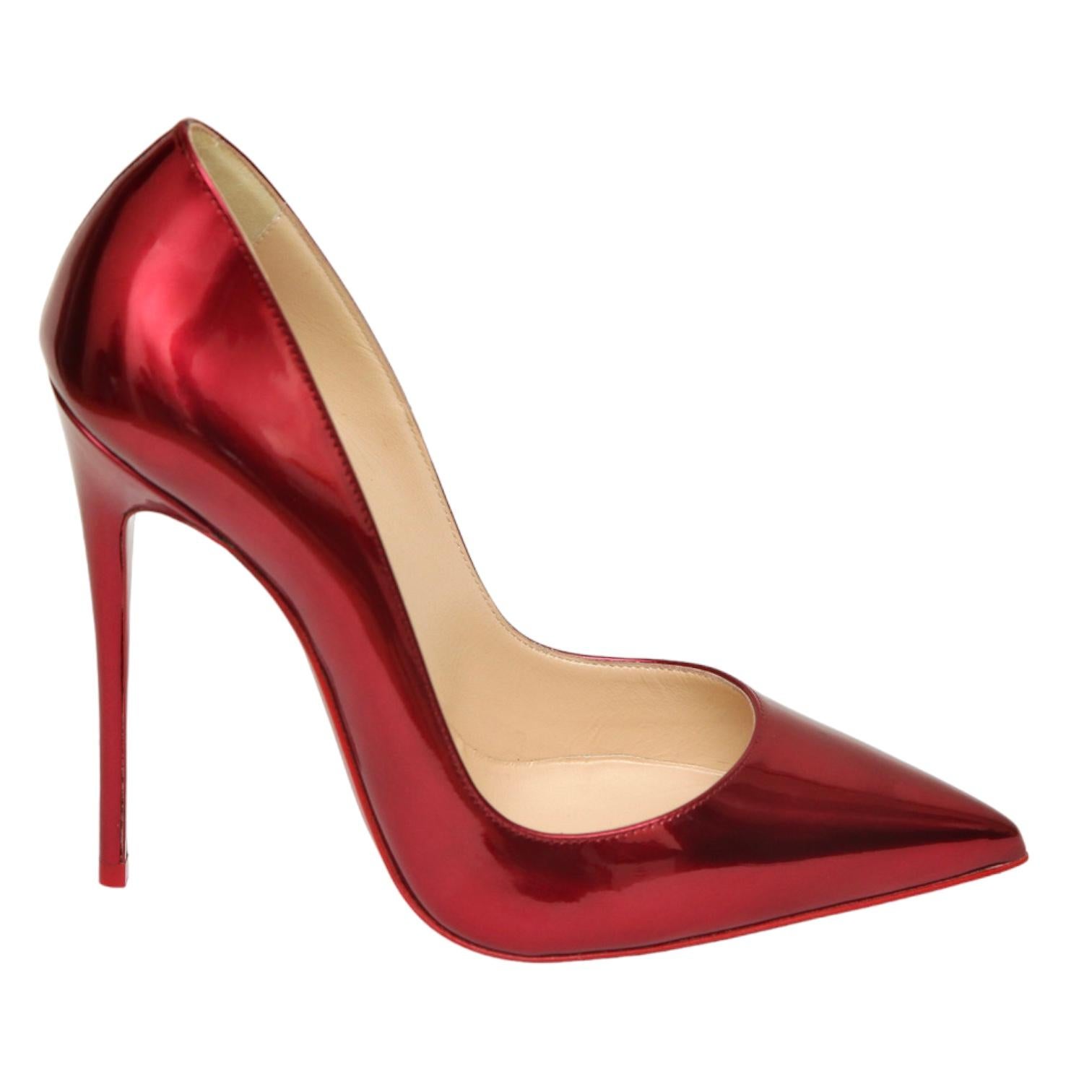 CHRISTIAN LOUBOUTIN SO KATE 120mm RED GLOSSY PATENT LEATHER PUMPS

Design:
- Red glossy patent leather uppers.
- Self-covered heel.
- Leather lining.
- Signature red leather sole.
- Comes with Christian Louboutin dust bag.

Size: 38

Measurements