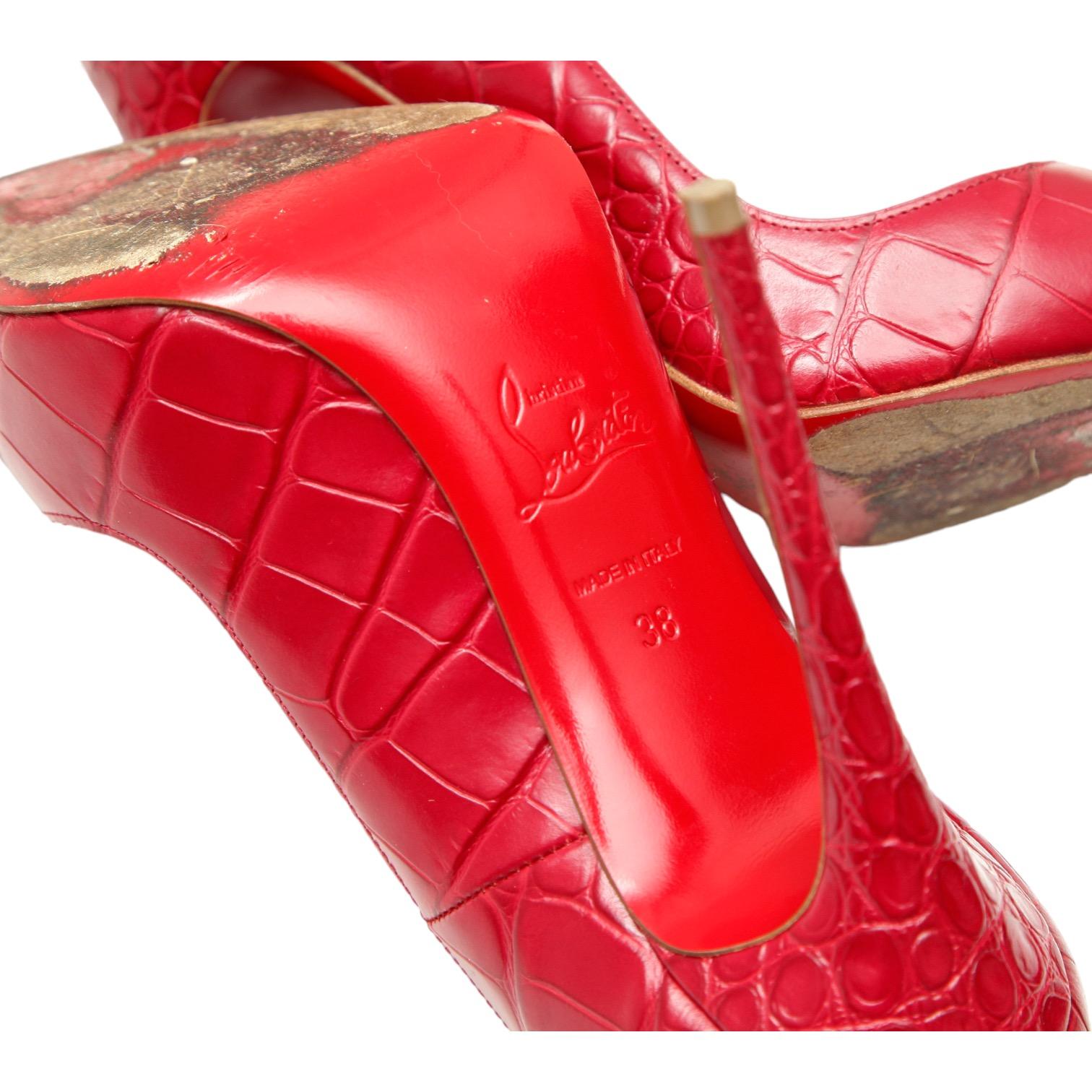 CHRISTIAN LOUBOUTIN So Kate 120 Red Pink Faux Croc Leather Pump Pointed Toe 38 6