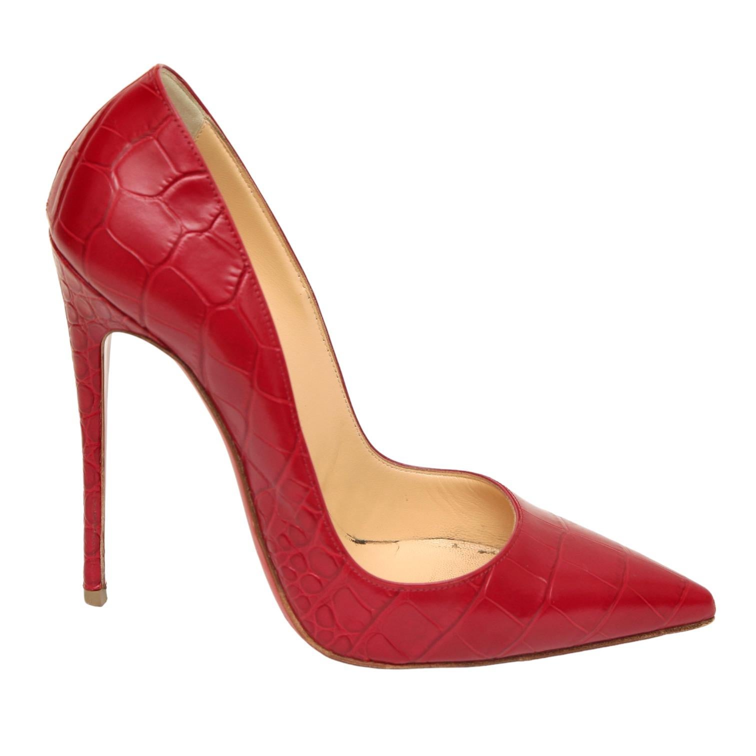 
GUARANTEED AUTHENTIC CHRISTIAN LOUBOUTIN SO KATE 120mm RED FAUX CROC PUMPS

Design:
- Red pink faux croc leather classic So Kate 120mm pointed toe pumps.
- Self-covered heel.
- Leather lining.
- Signature red leather sole.
- Comes with Christian