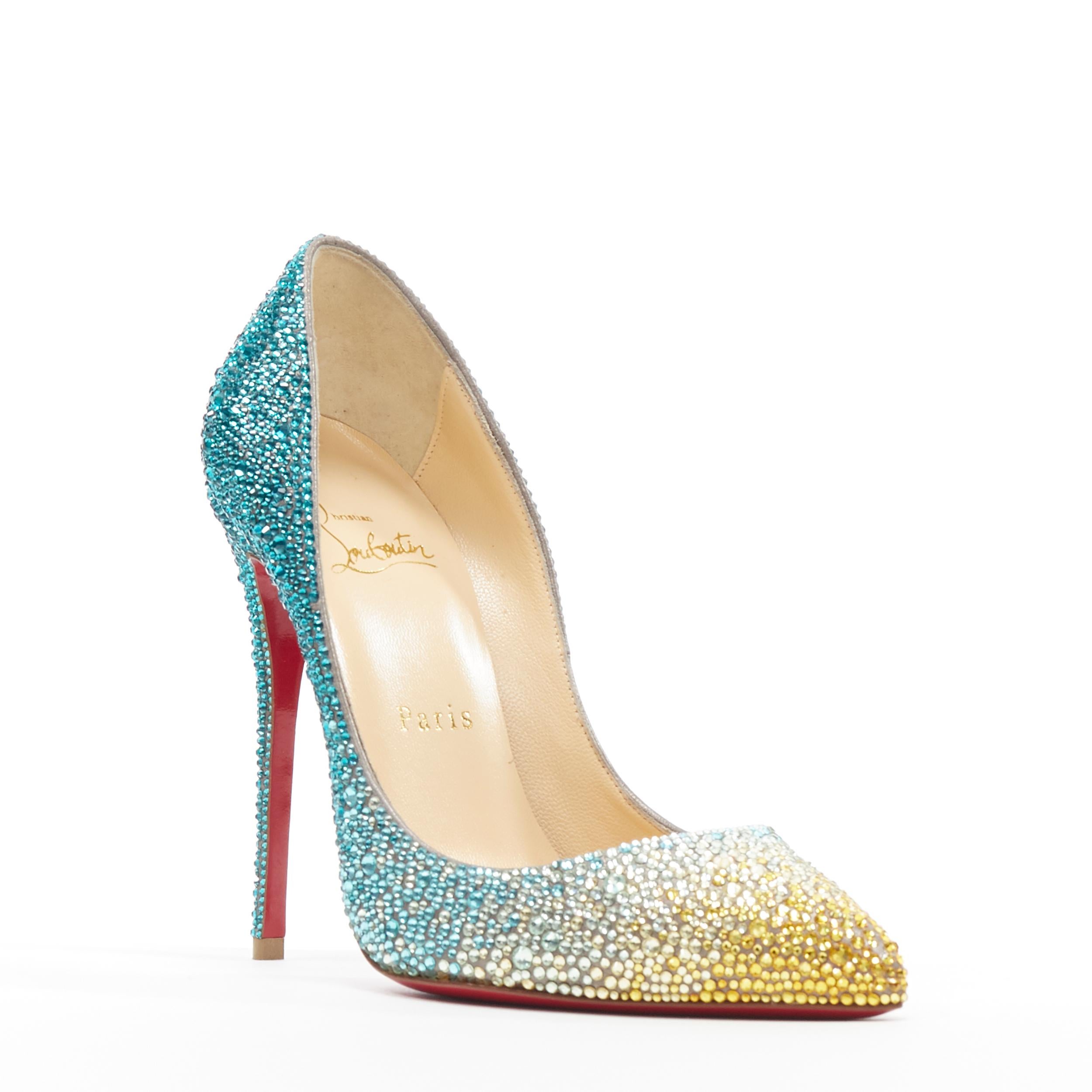 CHRISTIAN LOUBOUTIN So Kate 120 Strass crystal blue yellow gradient pump EU37.5
Brand: Christian Louboutin
Designer: Christian Louboutin
Model Name / Style: So Kate 120
Material: Leather
Color: Blue, yellow
Pattern: Solid
Extra Detail: So Kate 120.
