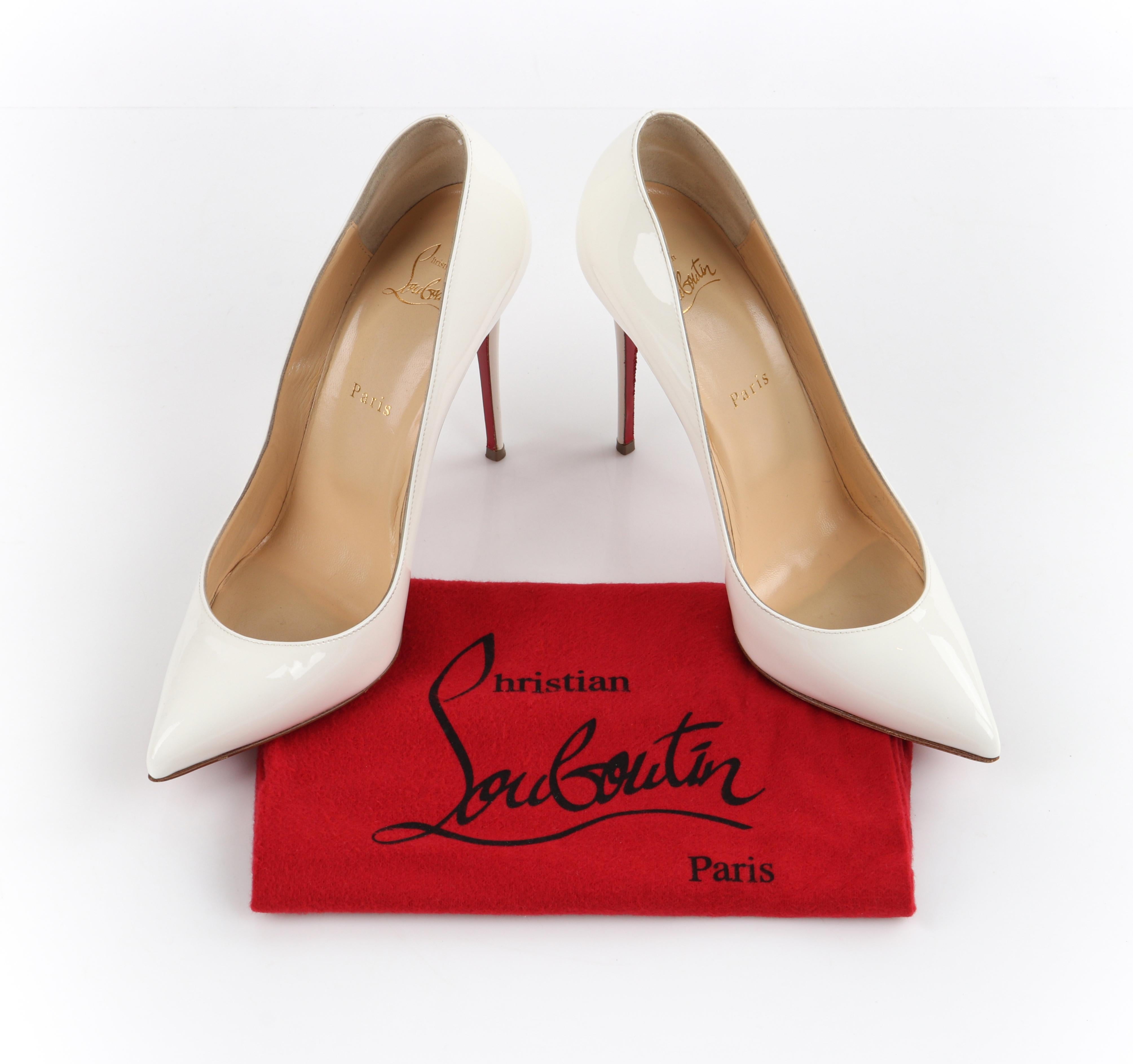 CHRISTIAN LOUBOUTIN “So Kate” 120 White Patent Leather Stiletto High Heel Pumps
 
Brand / Manufacturer: Christian Louboutin
Manufacturer Style Name: “So Kate” Heels
Style: Pumps
Color(s): Exterior: white, red; interior: nude beige
Unmarked Materials