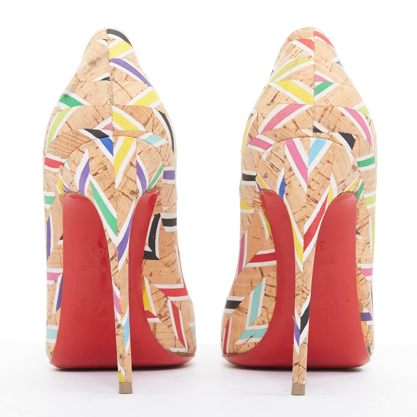 CHRISTIAN LOUBOUTIN So Kate Cork Chevron beige farbenfrohe Kalbsleder Pumps EU36.5 Damen im Angebot