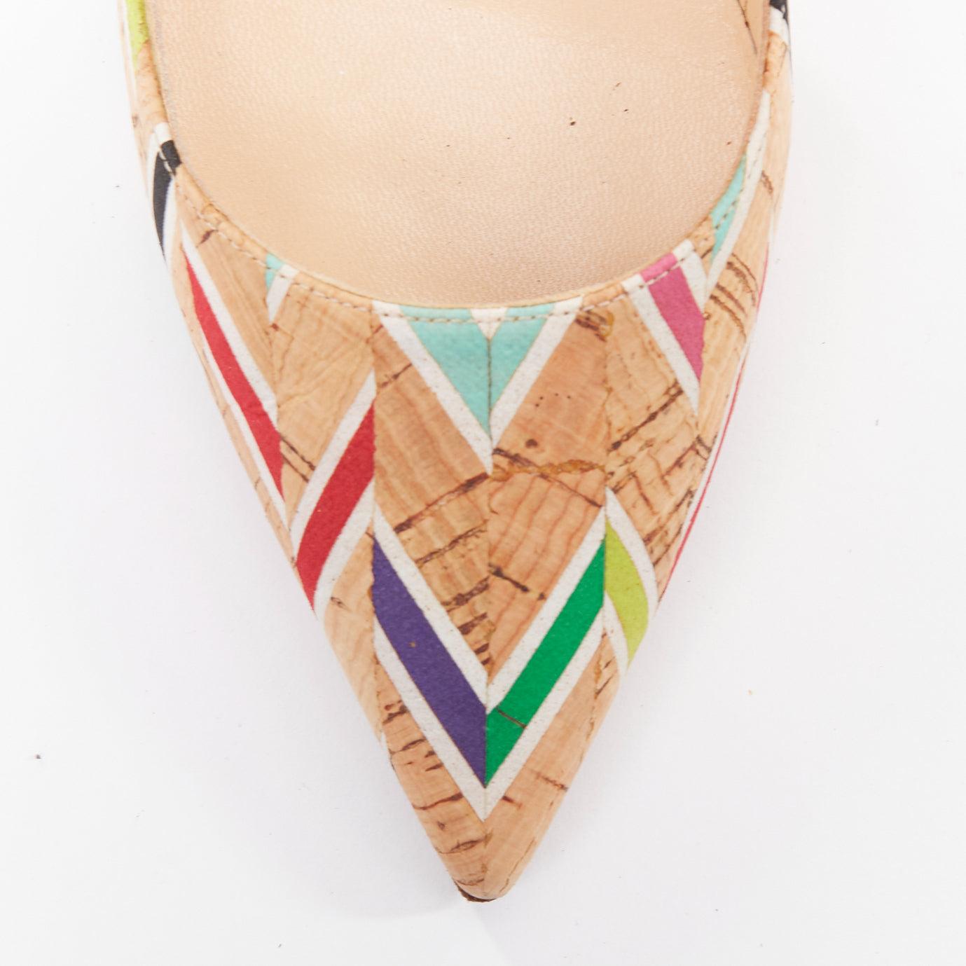 CHRISTIAN LOUBOUTIN So Kate Cork Chevron beige farbenfrohe Kalbsleder Pumps EU36.5 im Angebot 1