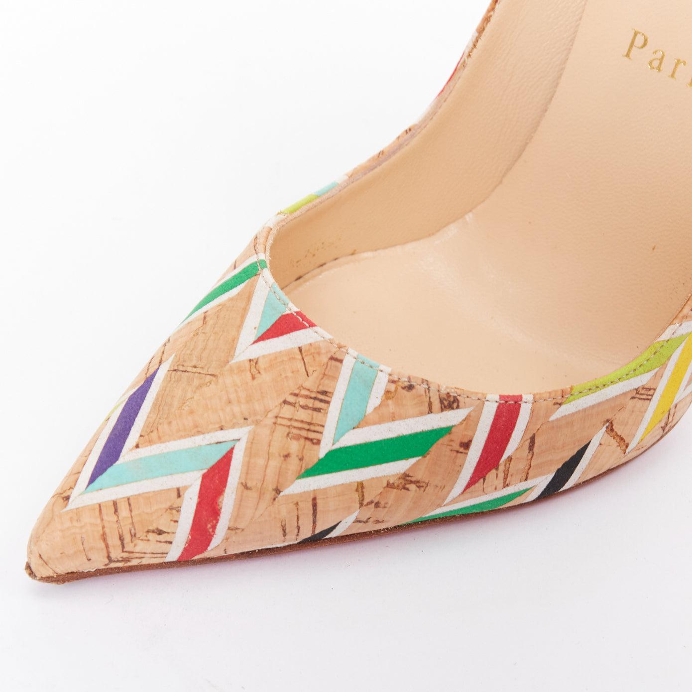 CHRISTIAN LOUBOUTIN So Kate Cork Chevron beige farbenfrohe Kalbsleder Pumps EU36.5 im Angebot 2