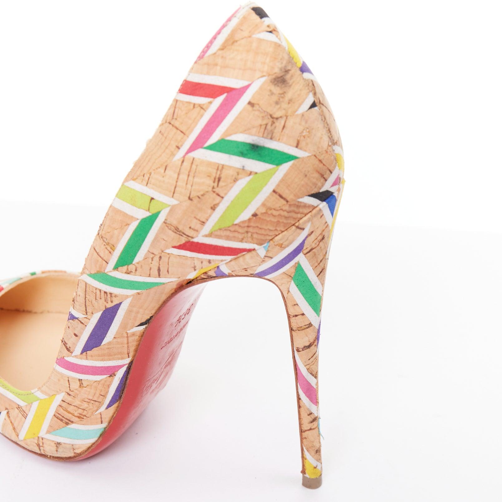 CHRISTIAN LOUBOUTIN So Kate Cork Chevron beige farbenfrohe Kalbsleder Pumps EU36.5 im Angebot 3
