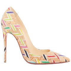 CHRISTIAN LOUBOUTIN So Kate Cork Chevron beige colourful calfskin pumps EU36.5