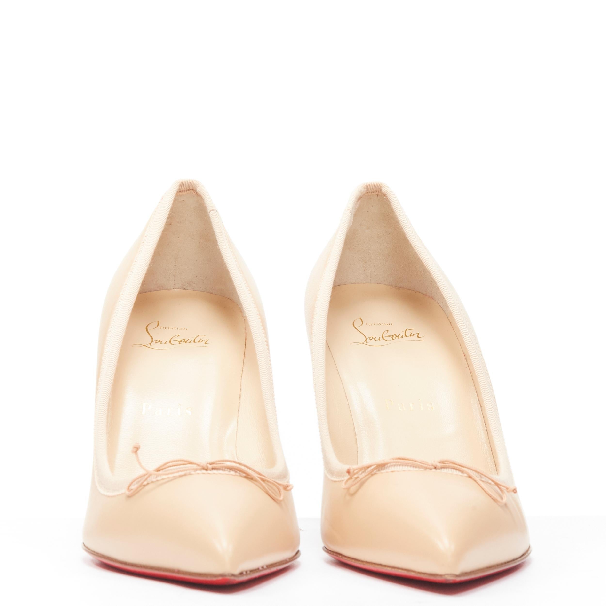 CHRISTIAN LOUBOUTIN Solasofia 85 nude beige grosgrain bow pump EU37.5 
Reference: TGAS/A03714 
Brand: Christian Louboutin 
Model: Solasofia 85 
Material: Leather 
Color: Beige 
Pattern: Solid 
Extra Detail: Bow detail at vamp. 
Made in: Italy