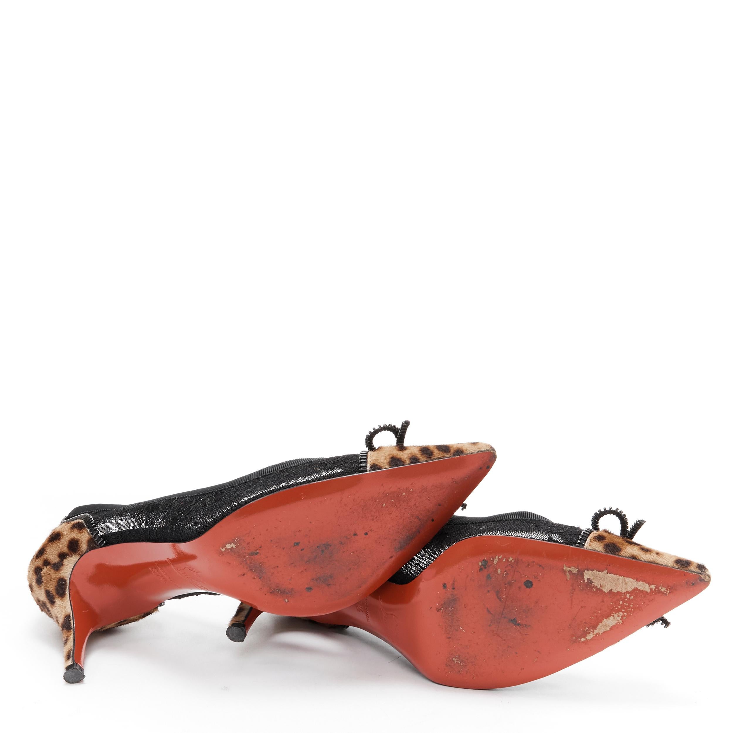 CHRISTIAN LOUBOUTIN Souris 70 black lace mesh leopard bow kitten pump EU37.5 5