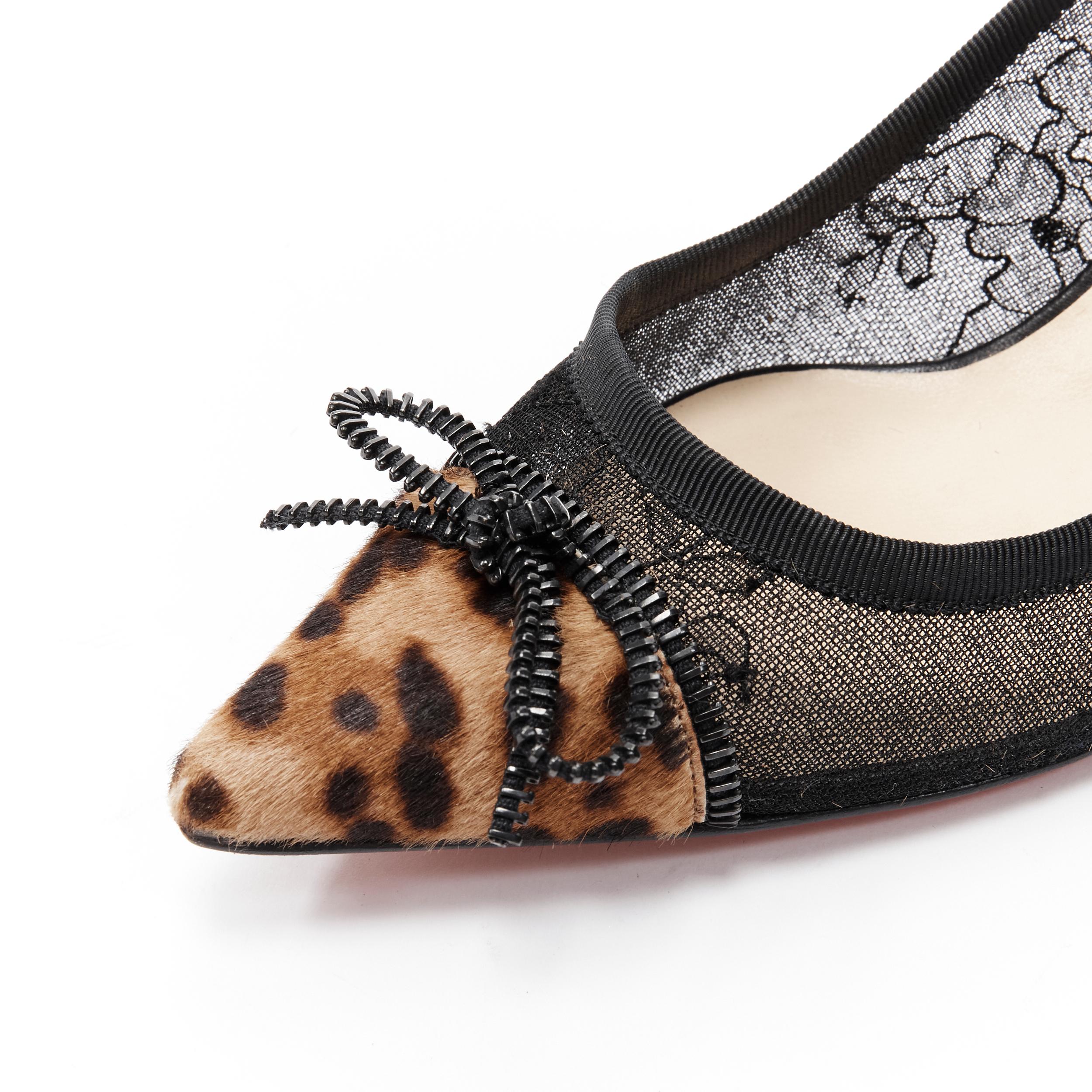 CHRISTIAN LOUBOUTIN Souris 70 black lace mesh leopard bow kitten pump EU37.5 2