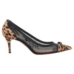 CHRISTIAN LOUBOUTIN Souris 70 black lace mesh leopard bow kitten pump EU37.5