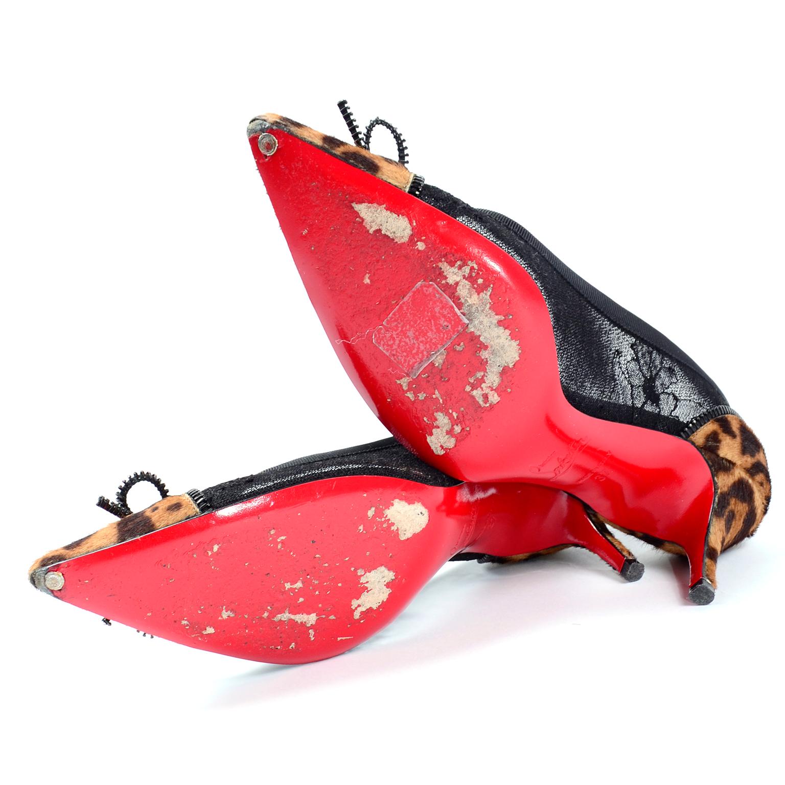Christian Louboutin Souris 70 Pony Fur Cheetah Lace Zipper Bow Kitten Heel Shoes 7