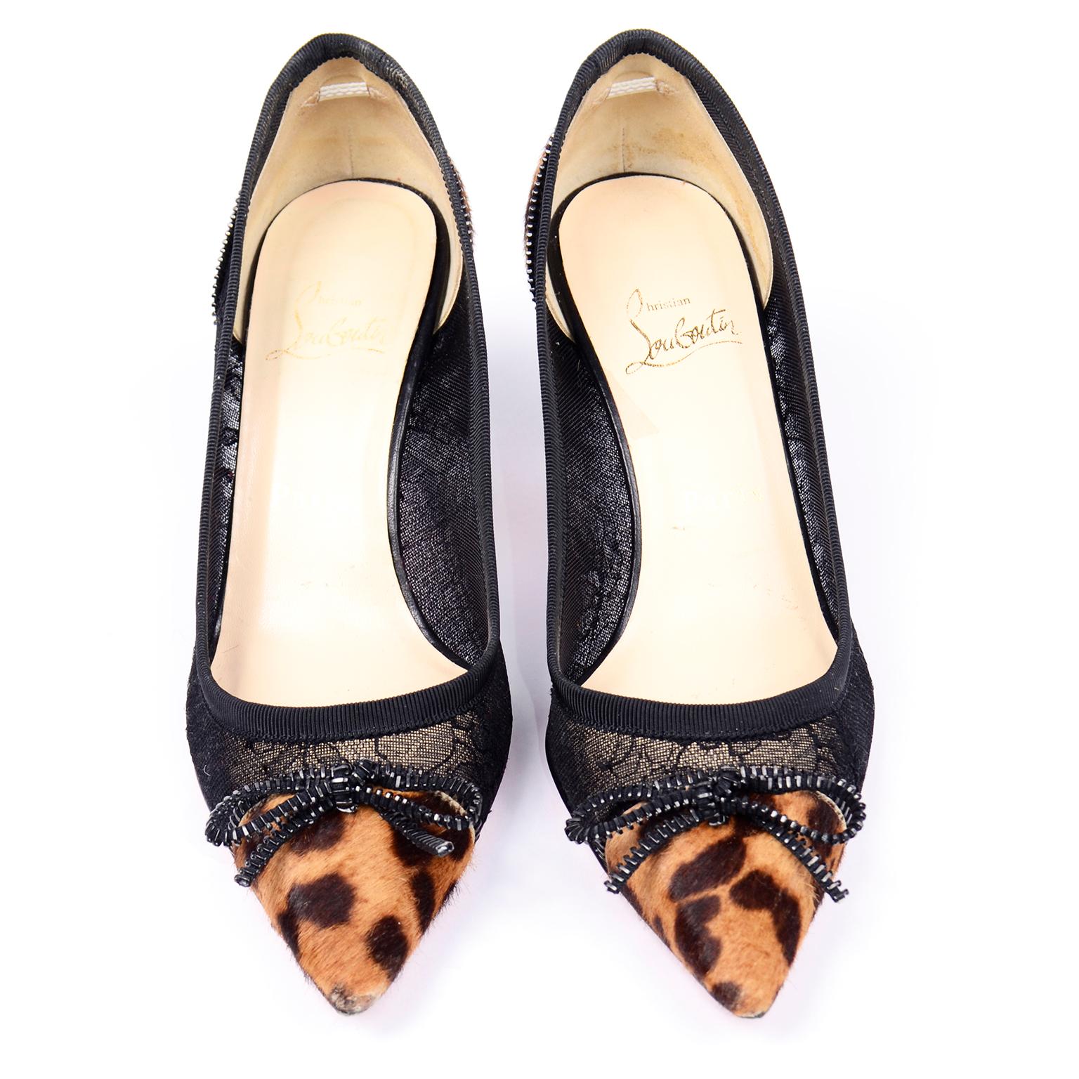 Christian Louboutin Souris 70 Pony Fur Cheetah Lace Zipper Bow Kitten ...