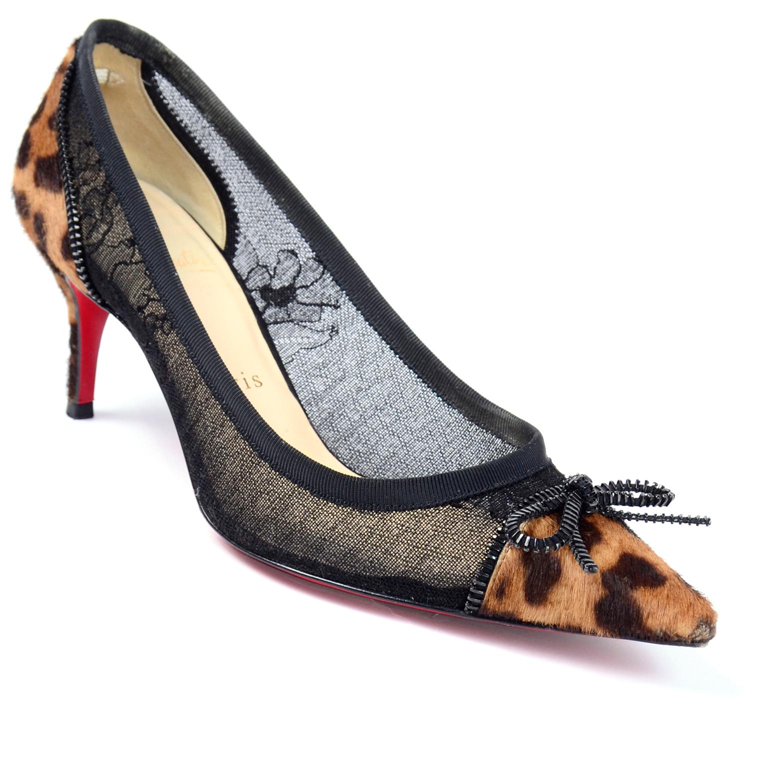 Christian Louboutin Souris 70 Pony Fur Cheetah Lace Zipper Bow Kitten Heel Shoes For Sale 1