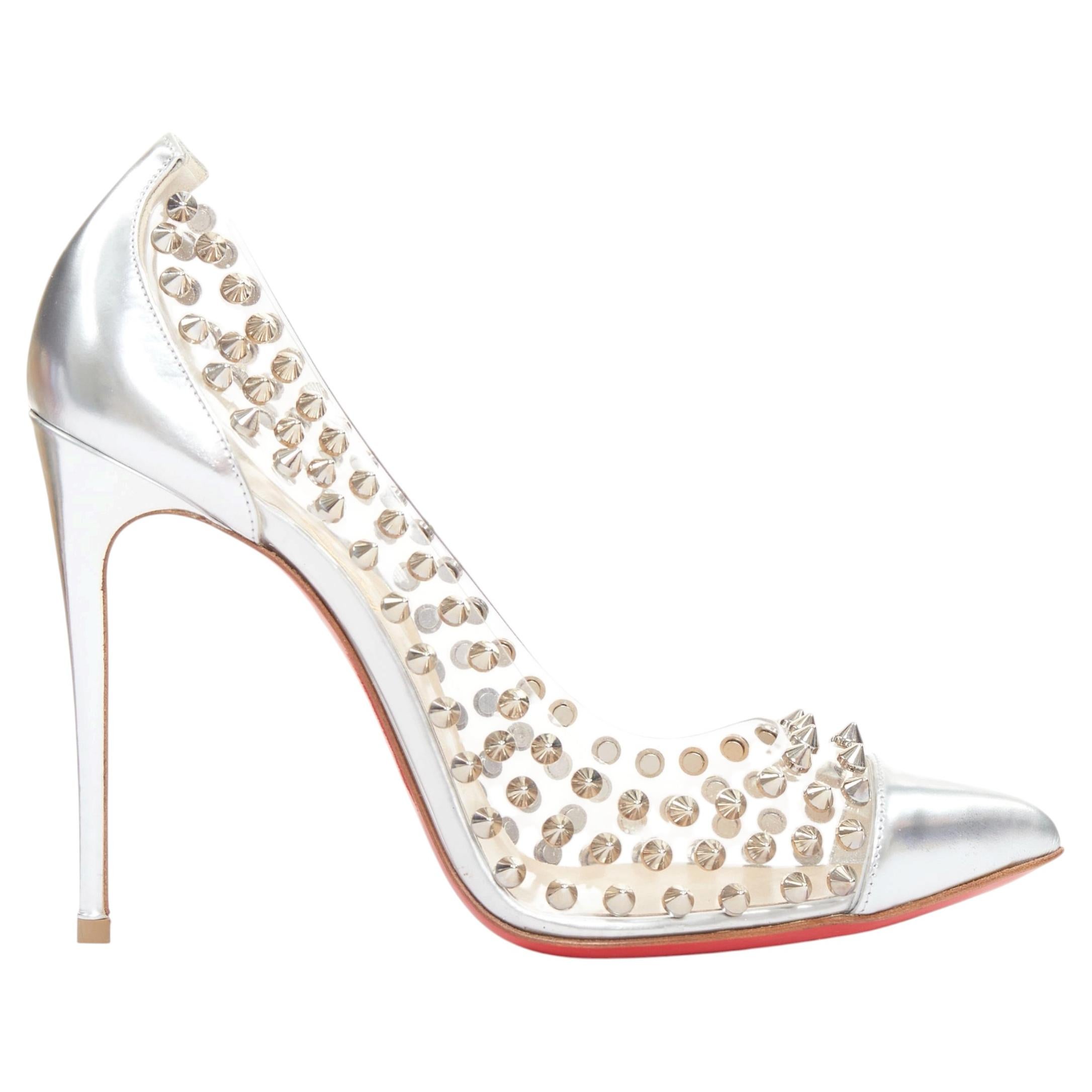 CHRISTIAN LOUBOUTIN Spike Me 100 Metal Gloss silver PVC spike stud pumps EU38 For Sale