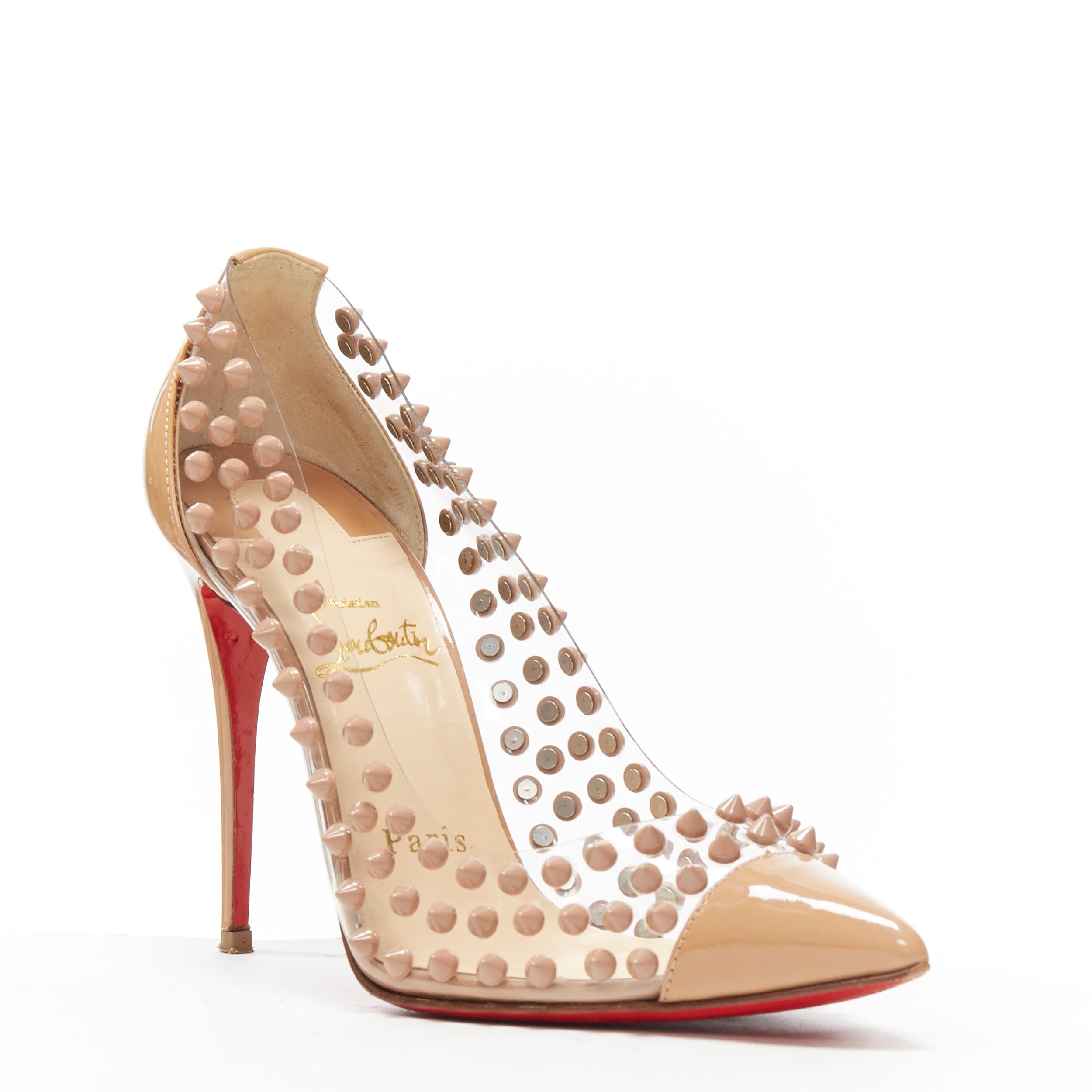 CHRISTIAN LOUBOUTIN Spike Me nude spike stud PVC patent toe pigalle pump EU36.5
Brand: Christian Louboutin
Designer: Christian Louboutin
Model Name / Style: Spike me
Material: PVC
Color: Beige
Pattern: Solid
Closure: Slip on
Extra Detail: Ultra High