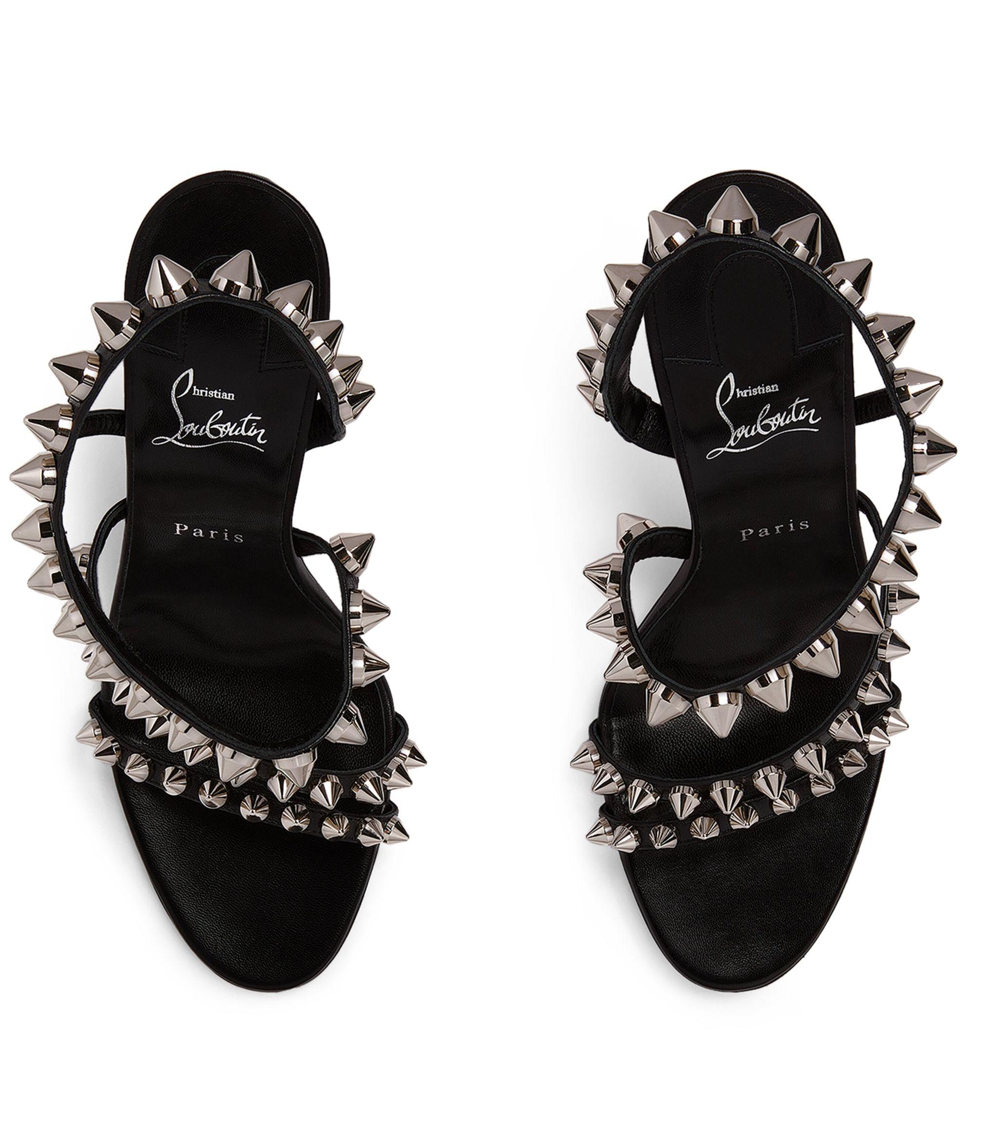 Women's Christian Louboutin Spikita Strap 100 Black Silver Sandal Sz 36