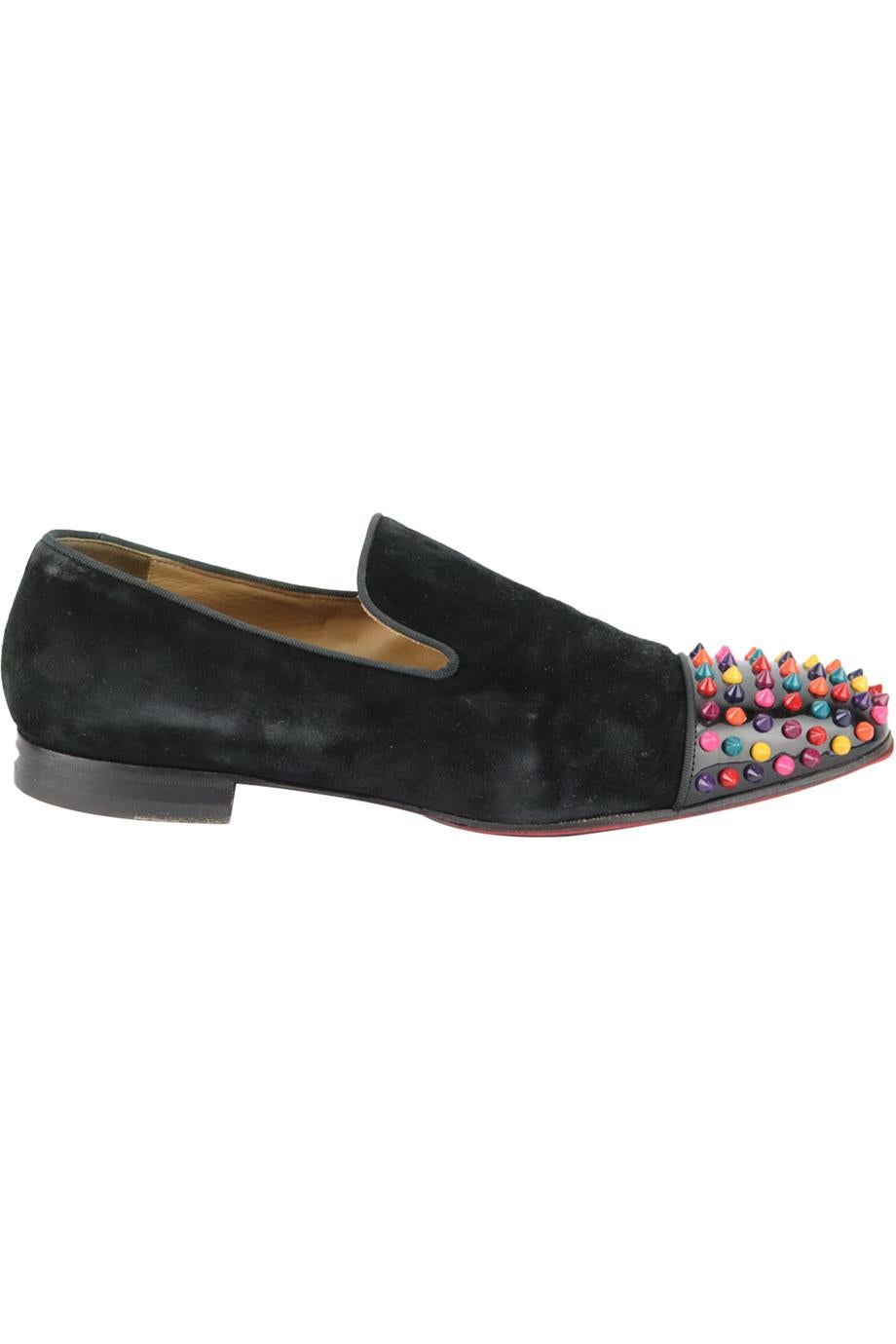 Christian Louboutin Spooky spiked suede loafers. Made from black suede with multi-coloured spikes set on a black patent-leather toe cap and the brand’s iconic red sole. Black. Slip on. Does not come with box or dustbag. Size: EU 44 (UK 10, US 11).
