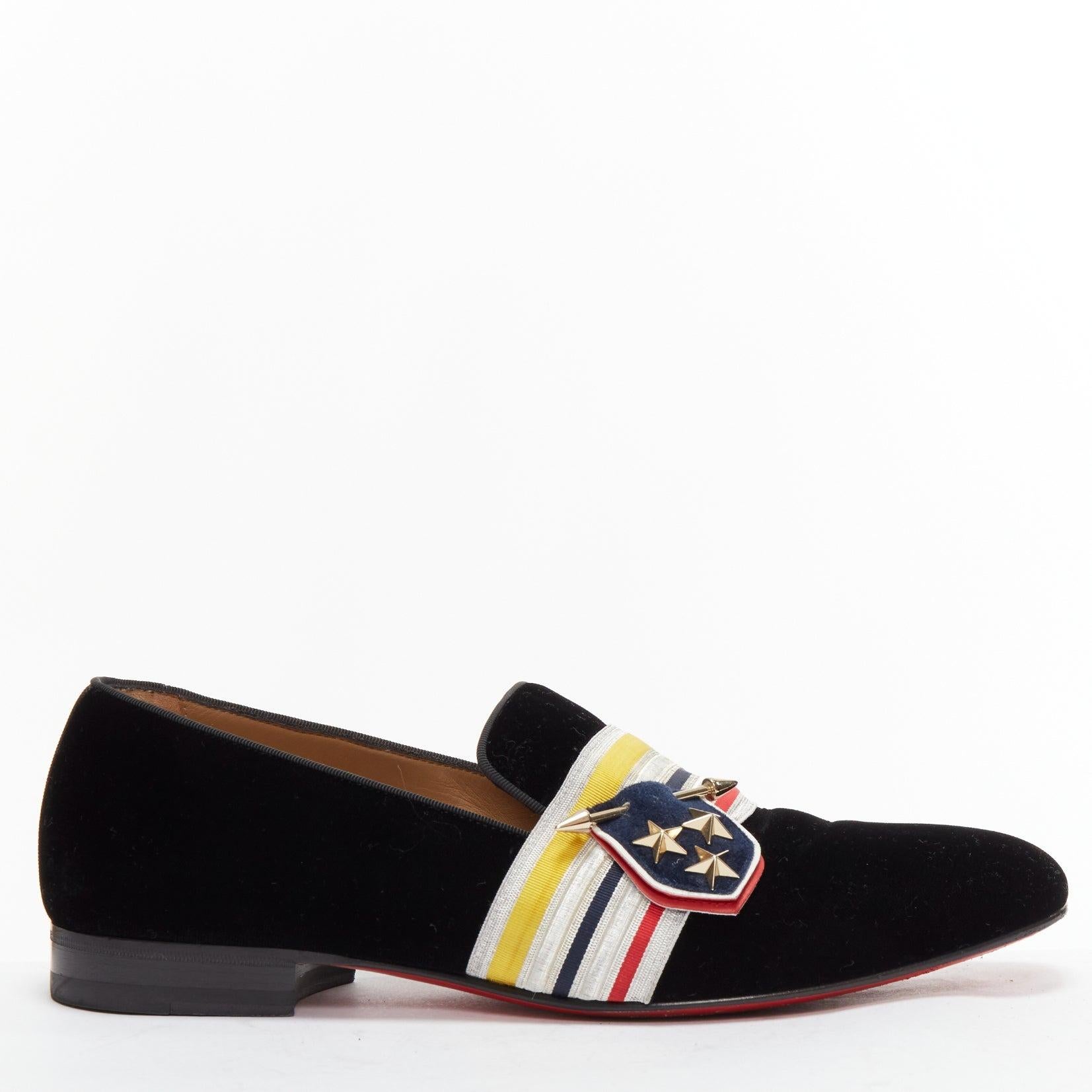 CHRISTIAN LOUBOUTIN St Ordre black velvet silver star badge loafers EU43
Reference: JSLE/A00085
Brand: Christian Louboutin
Model: St Ordre
Material: Velour, Fabric
Color: Black, Multicolour
Pattern: Solid
Closure: Slip On
Lining: Nude Leather
Extra