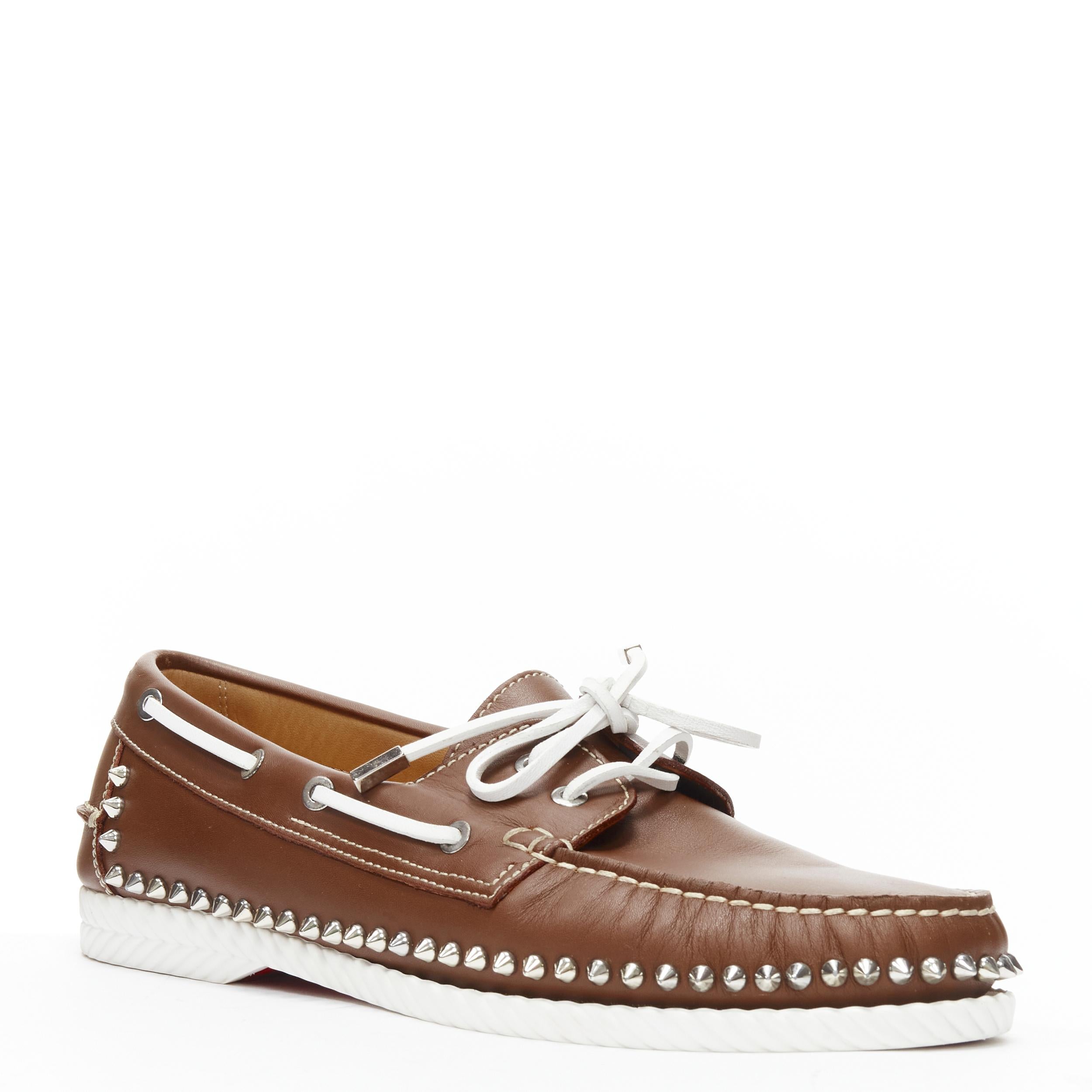 CHRISTIAN LOUBOUTIN Steckel brown leather spike lace boat shoe loafer EU43.5 
Reference: TGAS/B01967 
Brand: Christian Louboutin 
Model: Steckel 
Material: Leather 
Color: Brown 
Pattern: Solid 
Closure: Lace Up 
Made in: Italy 

CONDITION: