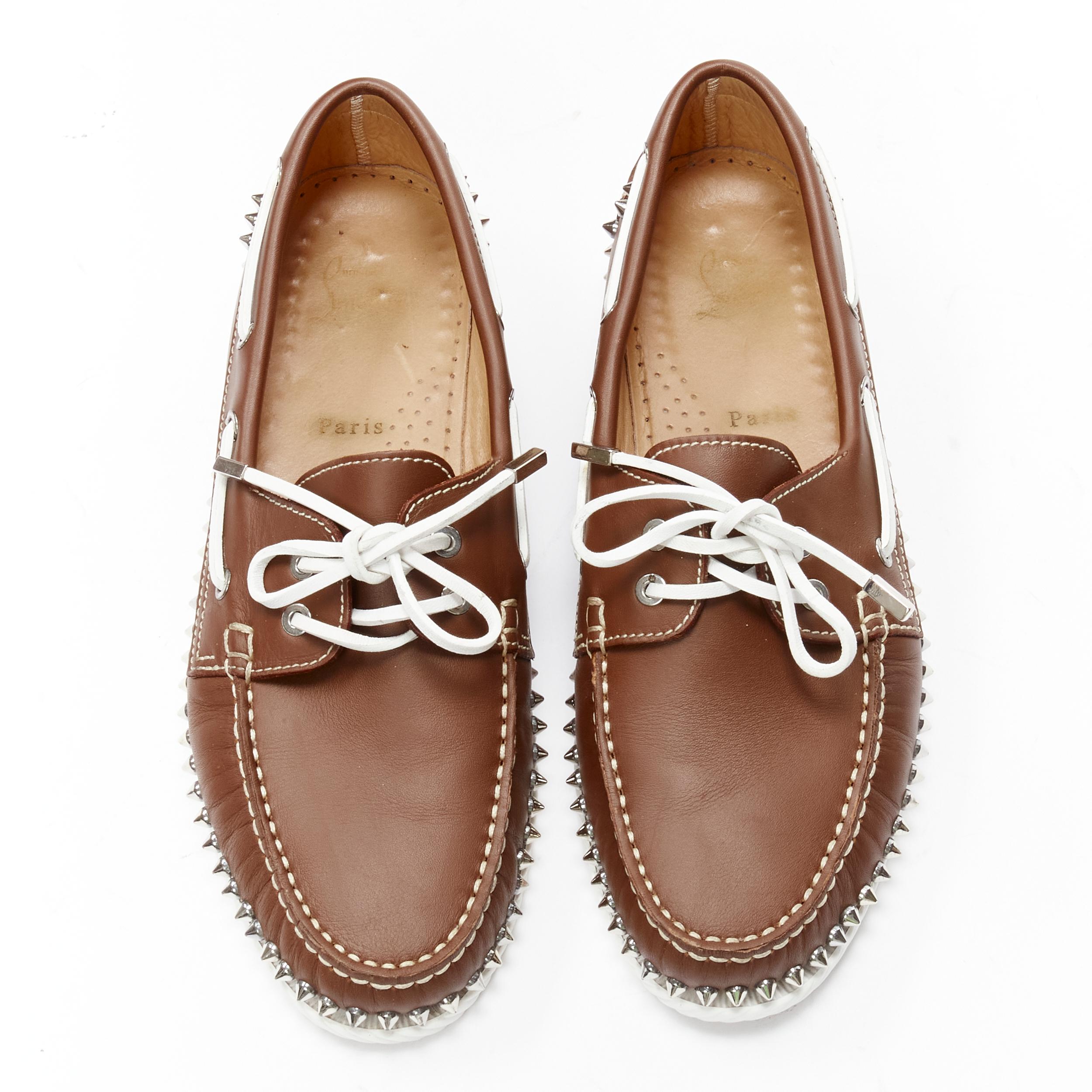 Brown CHRISTIAN LOUBOUTIN Steckel brown leather spike lace boat shoe loafer EU43.5