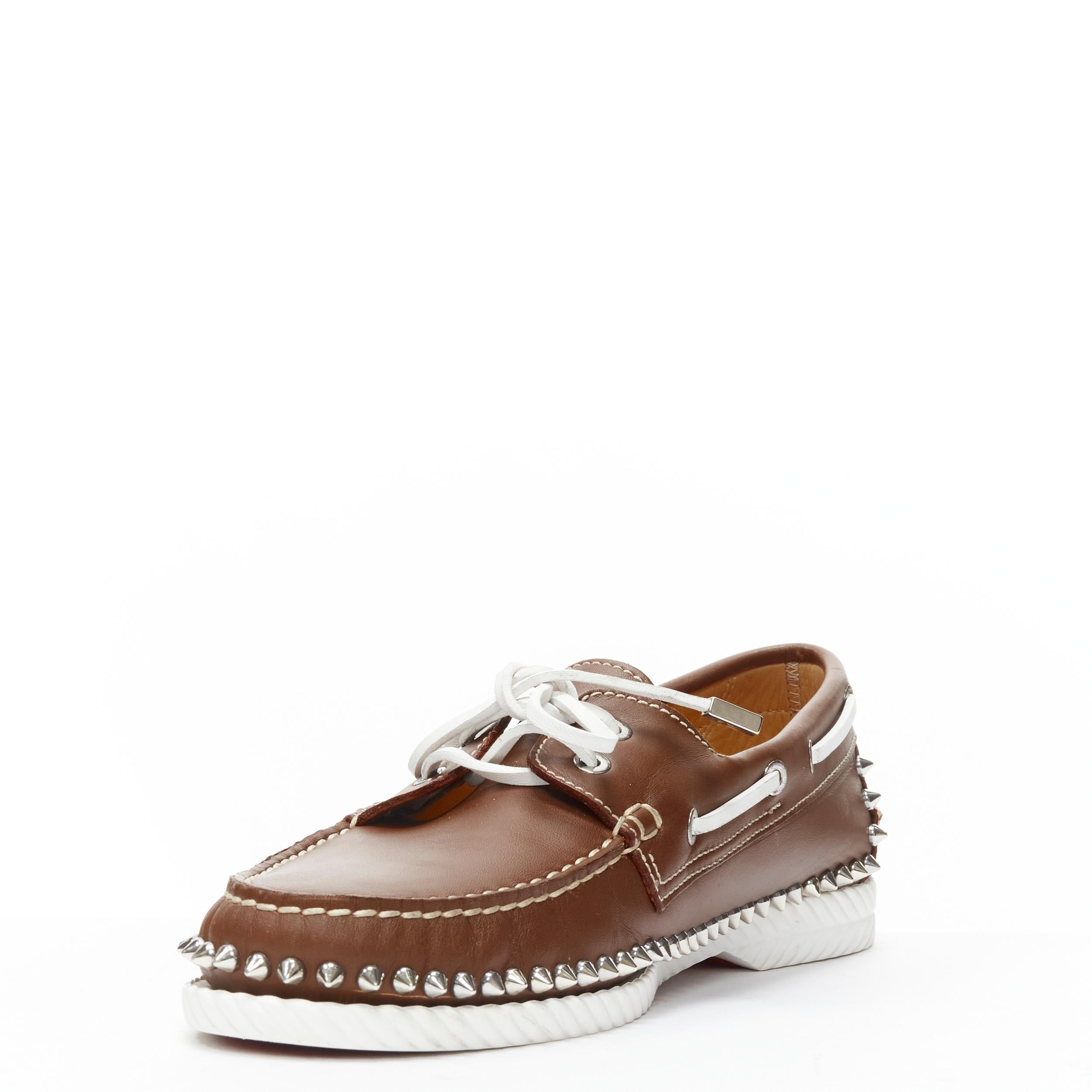 CHRISTIAN LOUBOUTIN Steckel brown leather spike lace boat shoe loafer EU43.5 In Good Condition In Hong Kong, NT