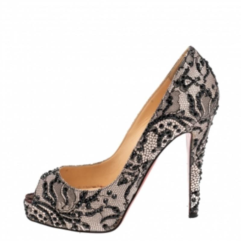 Christian Louboutin Strass Encaje Muy Prive Peep Toe Plataforma Bombas Tamaño 37.5 en venta
