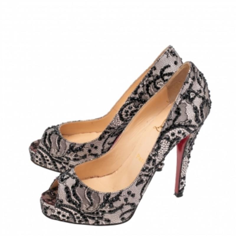 Christian Louboutin Strass Encaje Muy Prive Peep Toe Plataforma Bombas Tamaño 37.5 en venta 2
