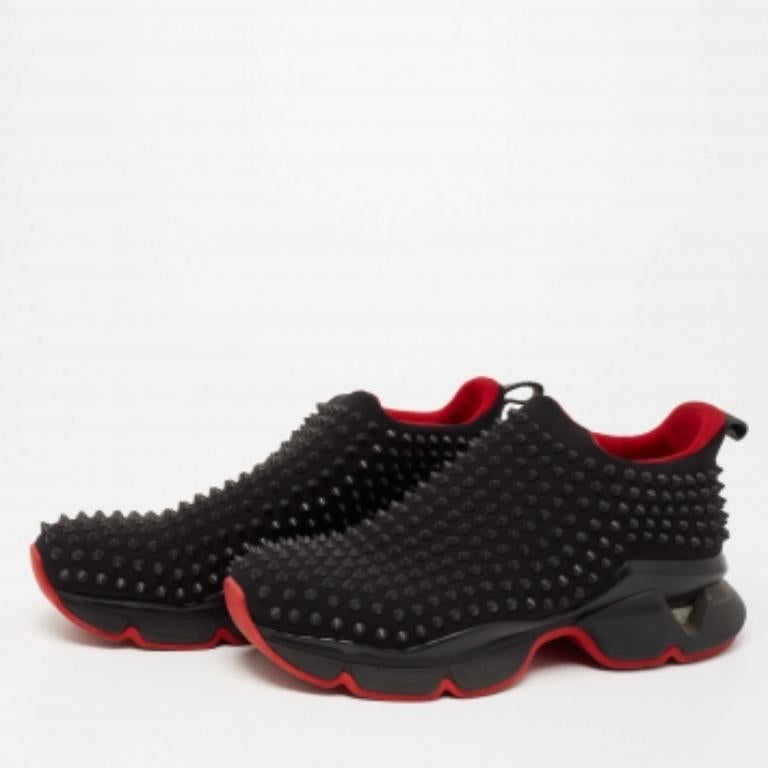Black Christian Louboutin Stretch Fabric Spike Sock SlipOn Platform Sneakers Size 40.5 For Sale