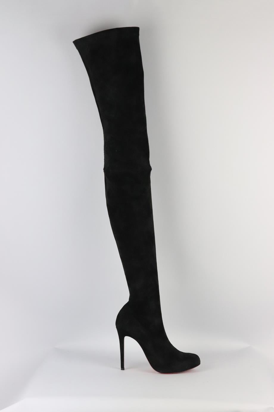 Christian Louboutin stretch suede over the knee boots. Black. Zip fastening at side. Does not come with dustbag or box. Size: EU 38.5 (UK 5.5, US 8.5). Outersole: 9 in. Shaft: 28.5 in. Heel Height: 3.5 in. Thigh: 15.2 in. Calf: 11.2 in. Very good