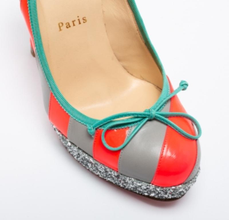 Women's Christian Louboutin Striped Leather Foraine Glitter Platform Pumps Size 35.5 For Sale