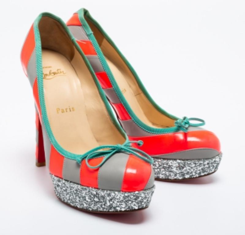 Christian Louboutin Striped Leather Foraine Glitter Platform Pumps Size 35.5 For Sale 1