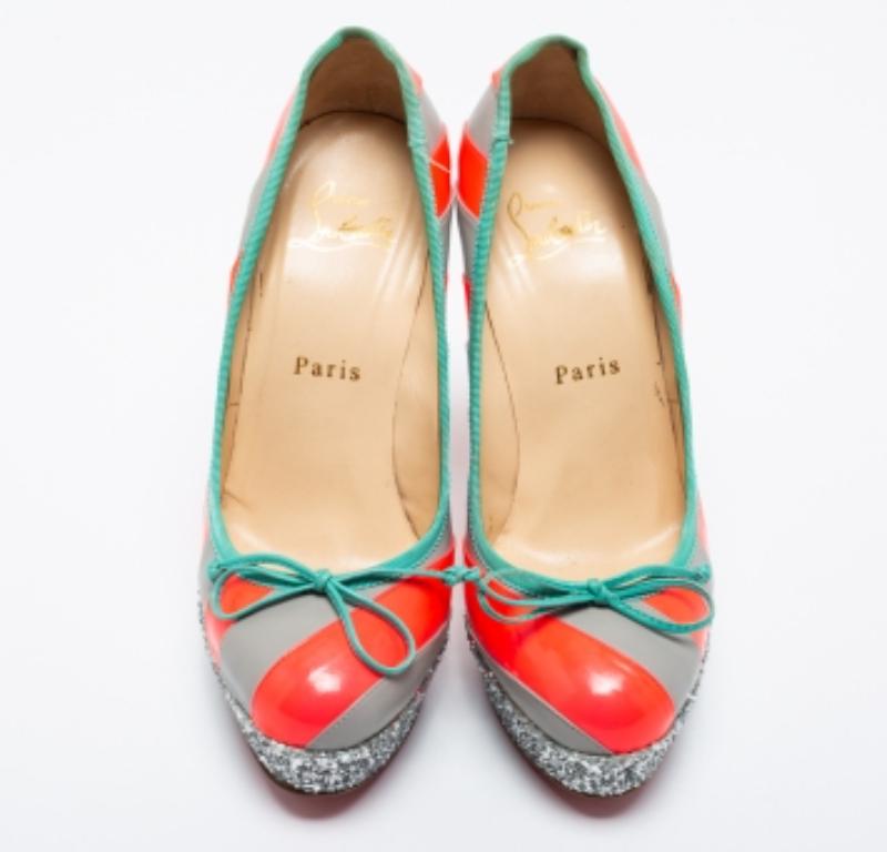Christian Louboutin Striped Leather Foraine Glitter Platform Pumps Size 35.5 For Sale 2