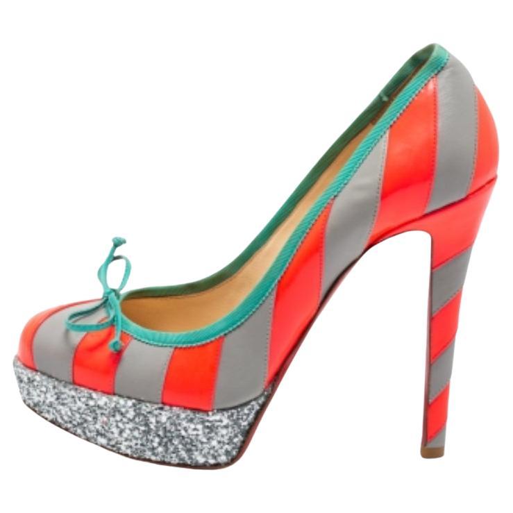 Christian Louboutin Striped Leather Foraine Glitter Platform Pumps Size 35.5 For Sale