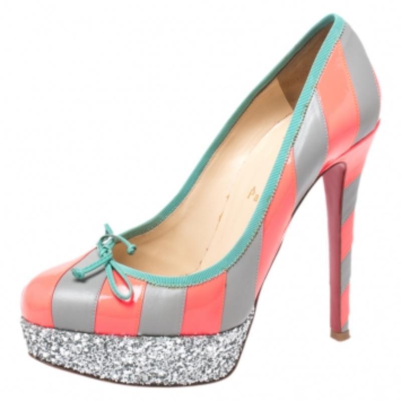 Beige Christian Louboutin Striped Leather Foraine Glitter Platform Pumps Size 37.5 en vente