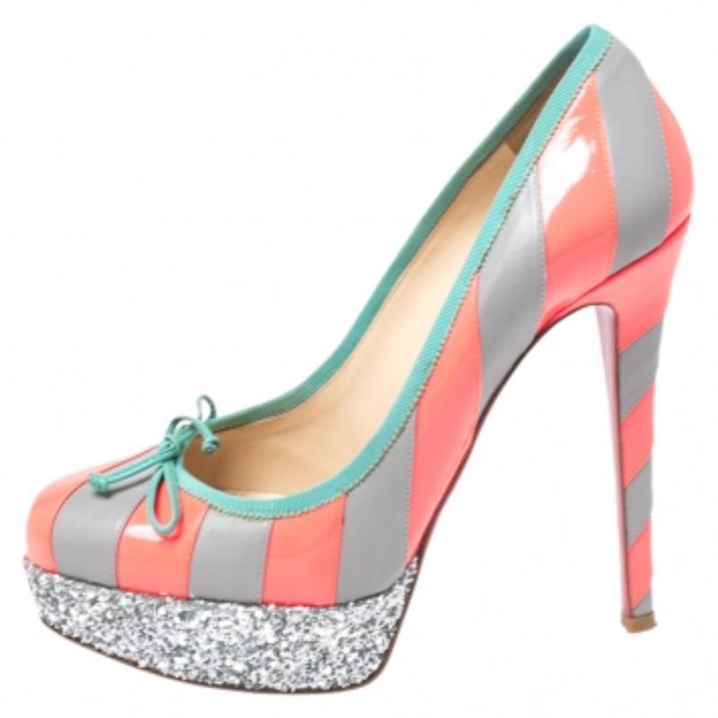 Christian Louboutin Striped Leather Foraine Glitter Platform Pumps Size 37.5 en vente