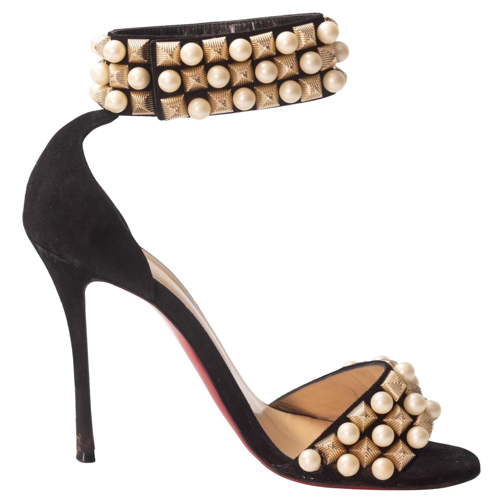Christian Louboutin Studs Pearls Black Velvet Tudor Heels (EU 39) For Sale