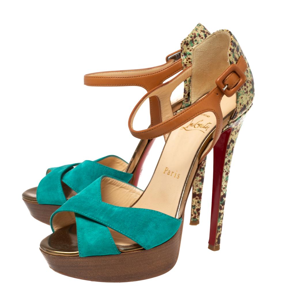 Brown Christian Louboutin Suede And Leather Ankle Strap Platform Sandals Size 37 For Sale