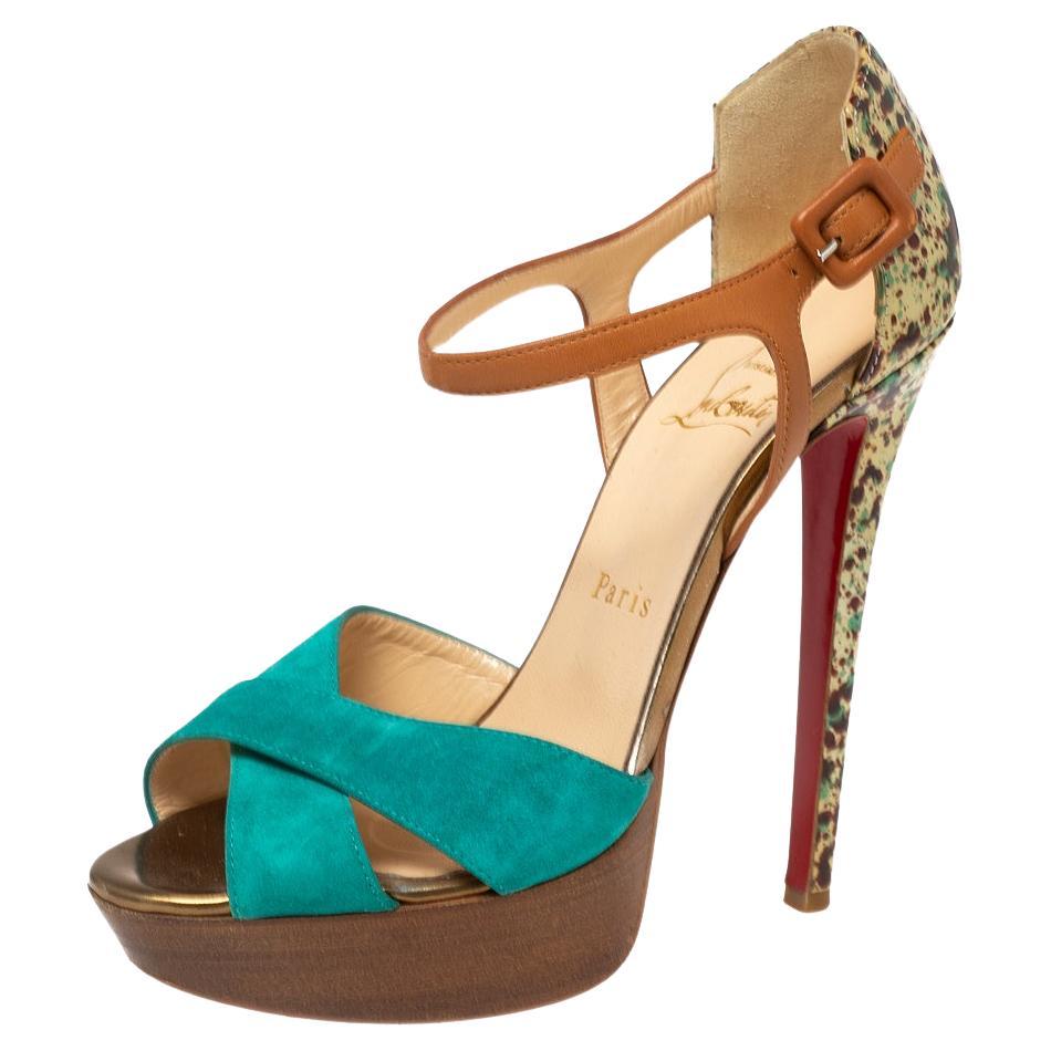 Christian Louboutin Suede And Leather Ankle Strap Platform Sandals Size 37 For Sale
