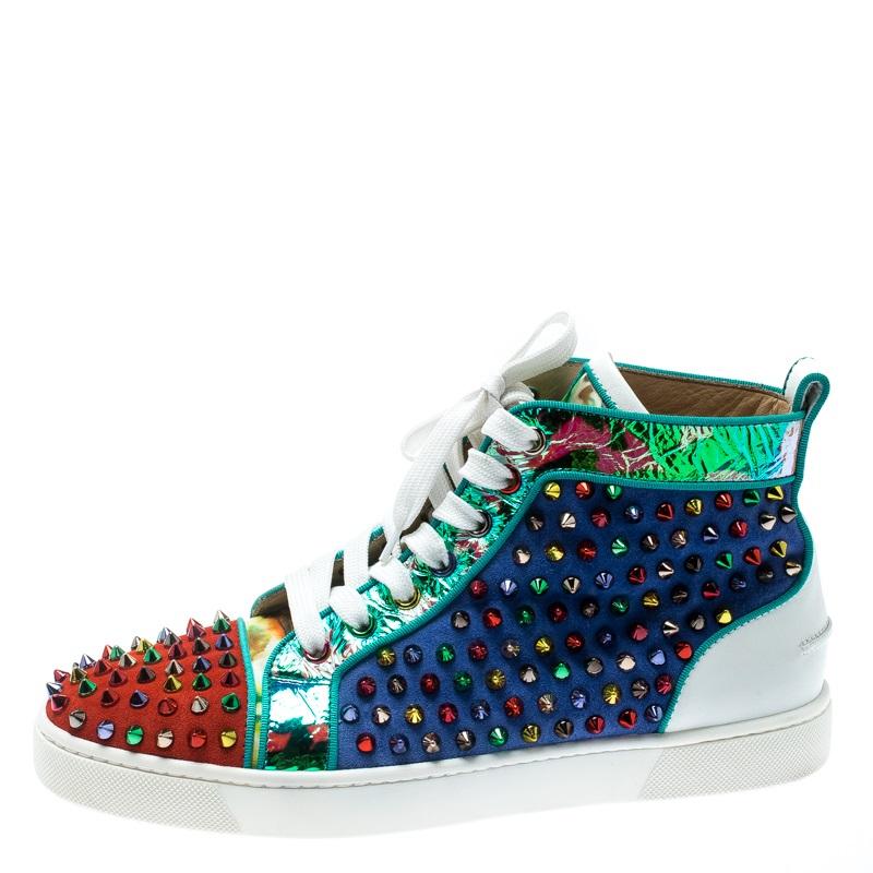 Men's Christian Louboutin Suede And Leather Louis Spikes High-Top Sneakers Size 40