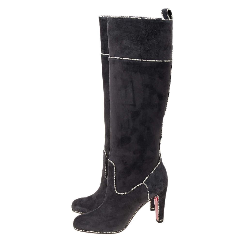 Black Christian Louboutin Suede And Snakeskin Trim Knee Length Boots Size 36