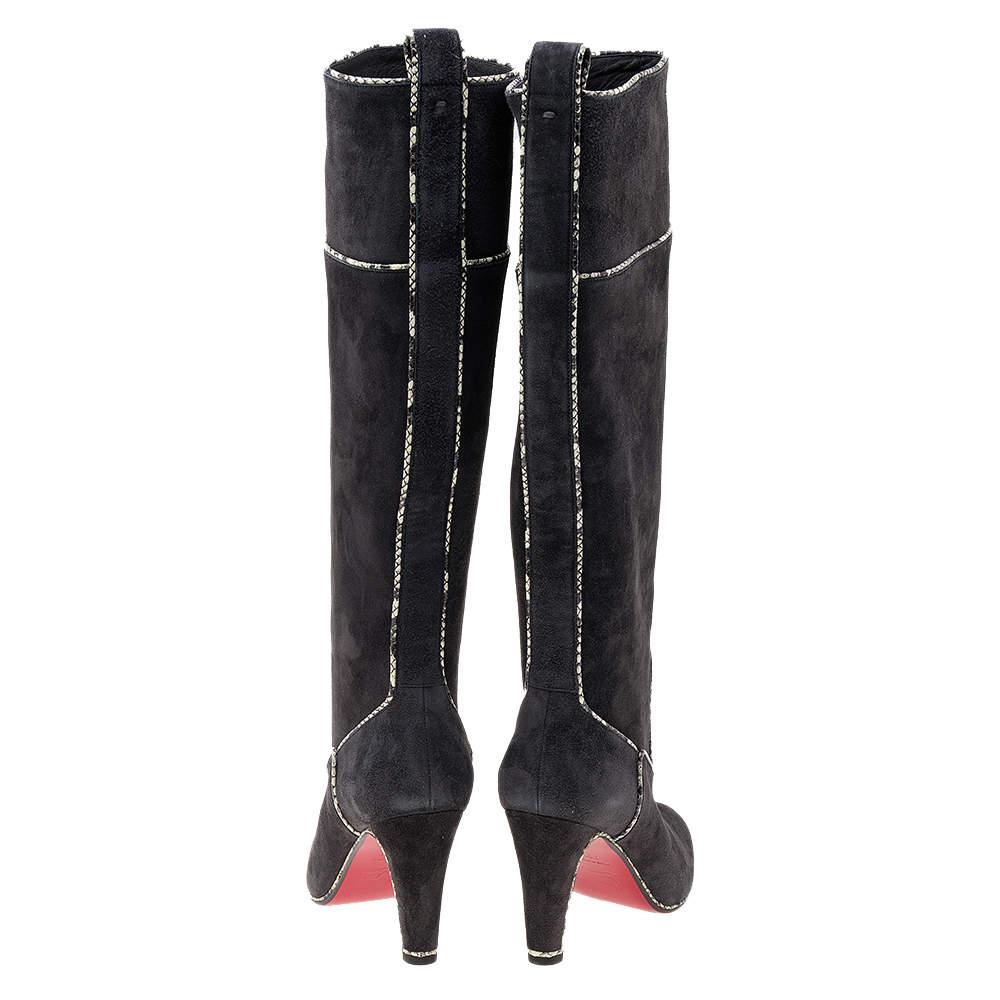 Women's Christian Louboutin Suede And Snakeskin Trim Knee Length Boots Size 36